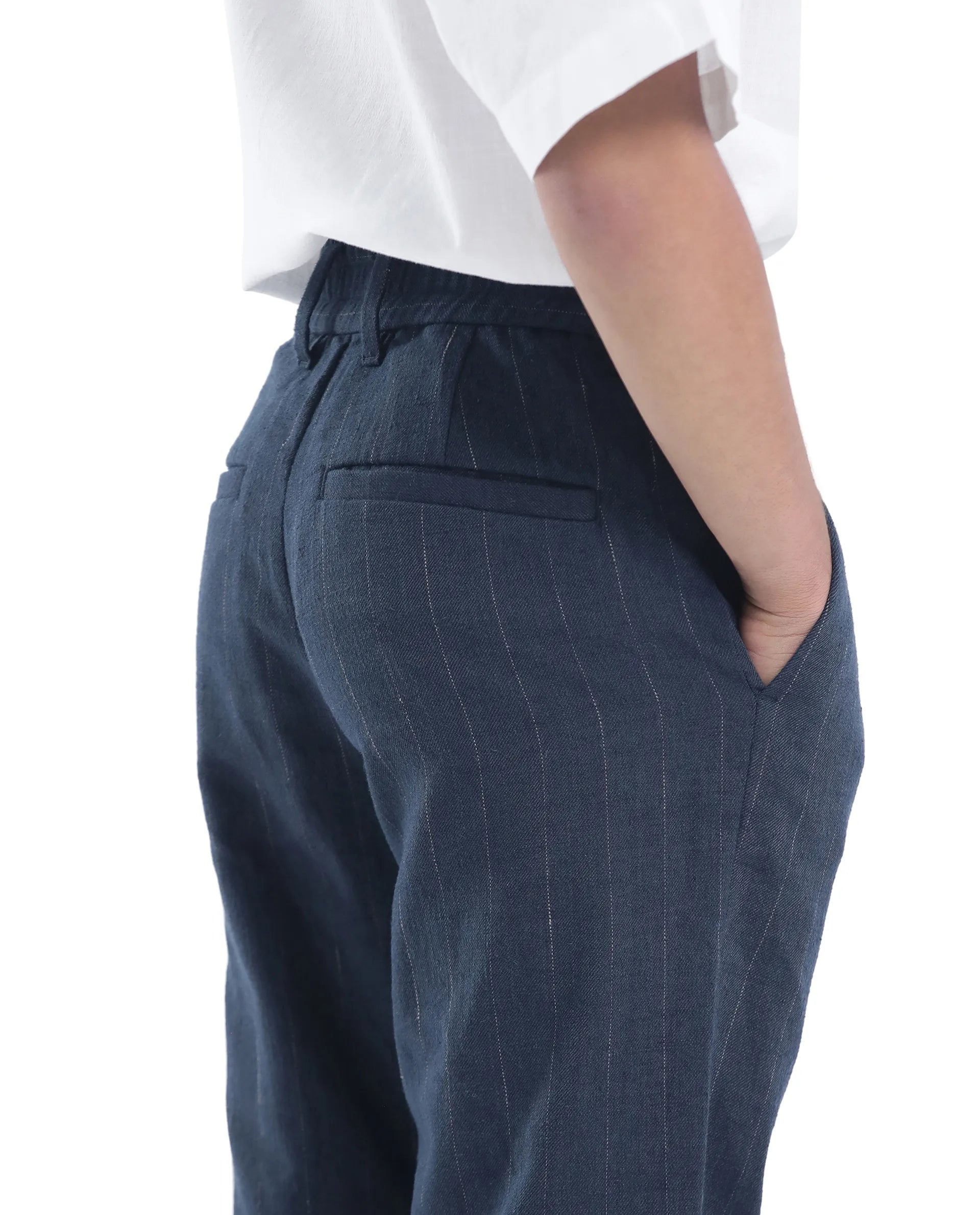 Rare Ones Kids Leo Navy Linen Blend Striped Button & Zip Closure Regular Fit Trouser