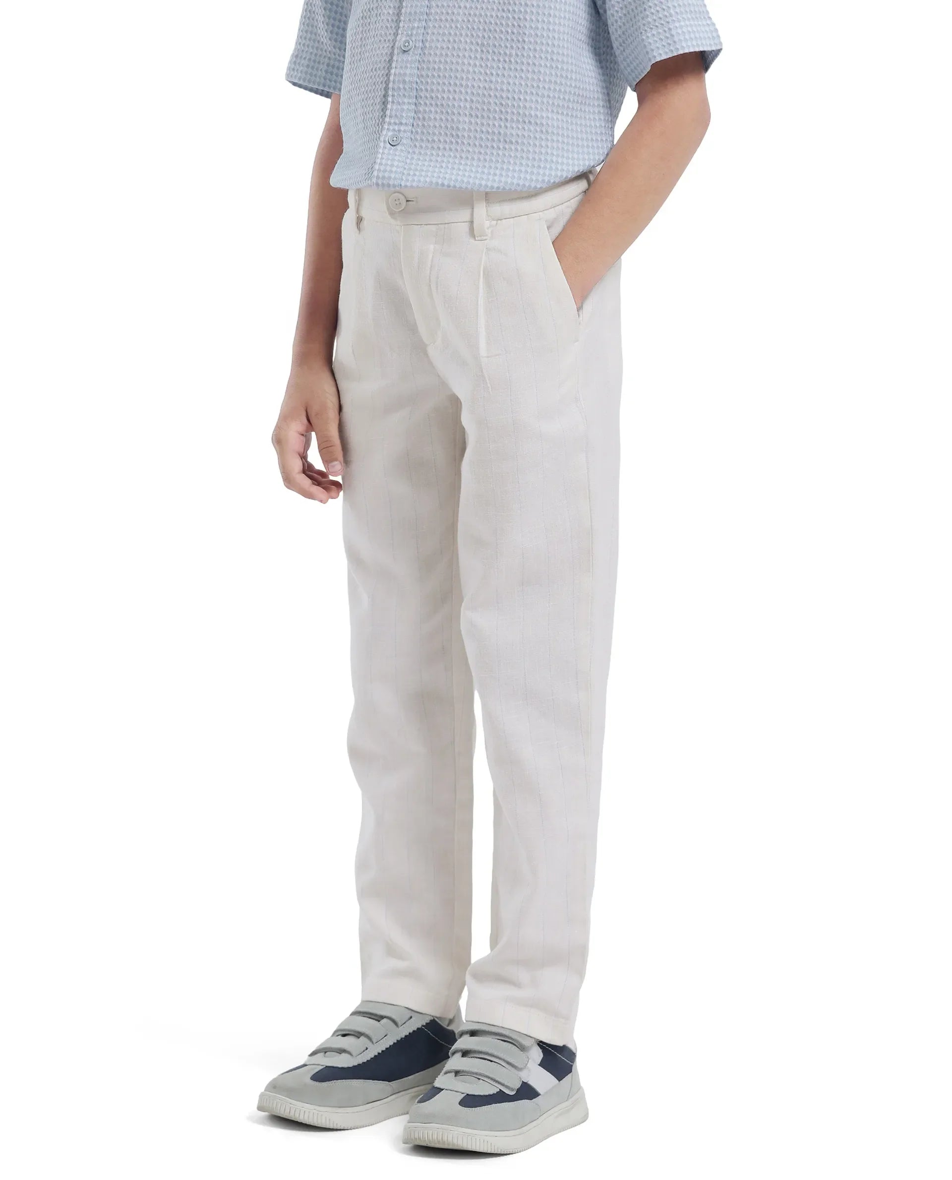 Rare Ones Kids Leo White Linen Blend Linen Blend Striped Button & Zip Closure Regular Fit Trouser