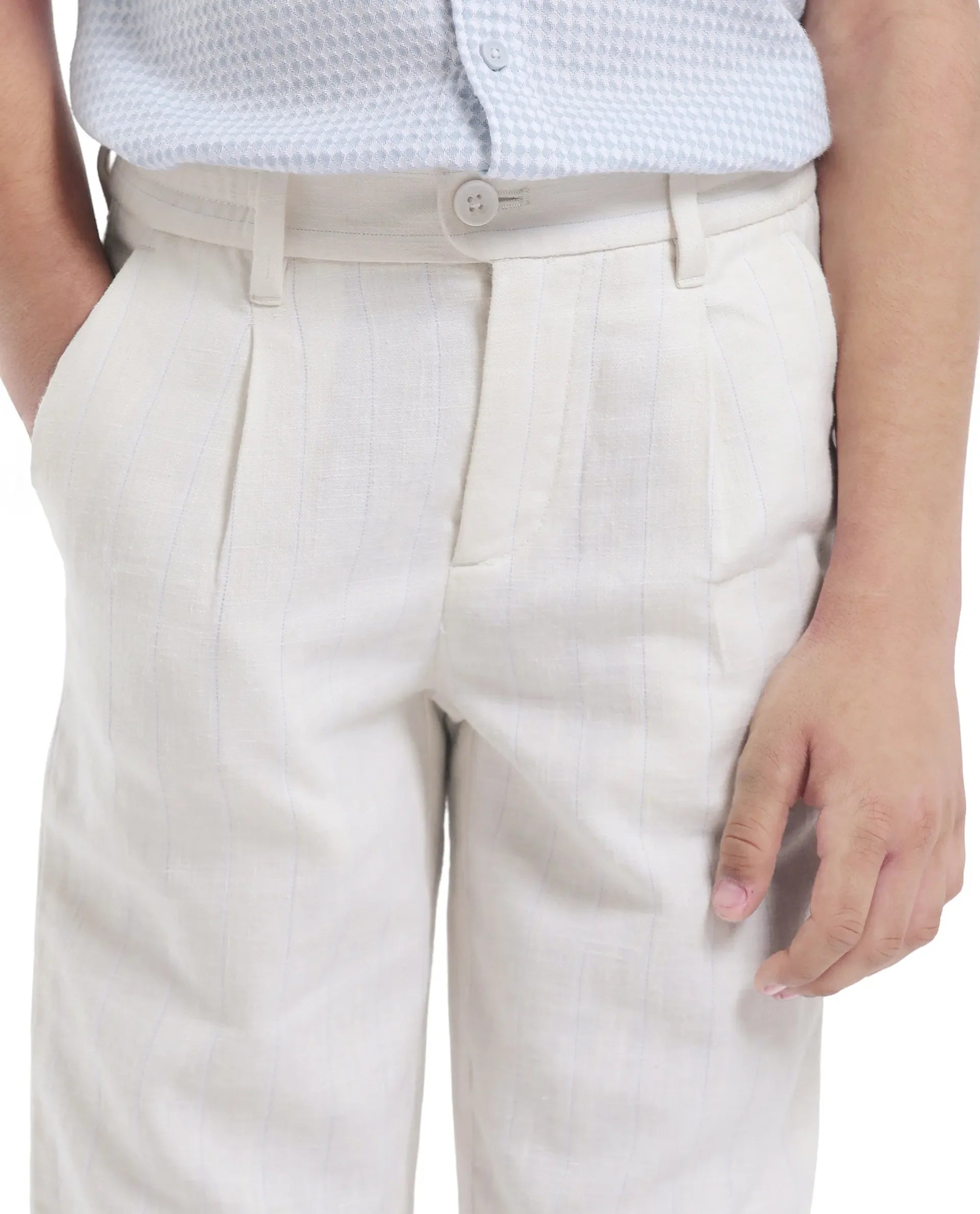 Rare Ones Kids Leo White Linen Blend Linen Blend Striped Button & Zip Closure Regular Fit Trouser
