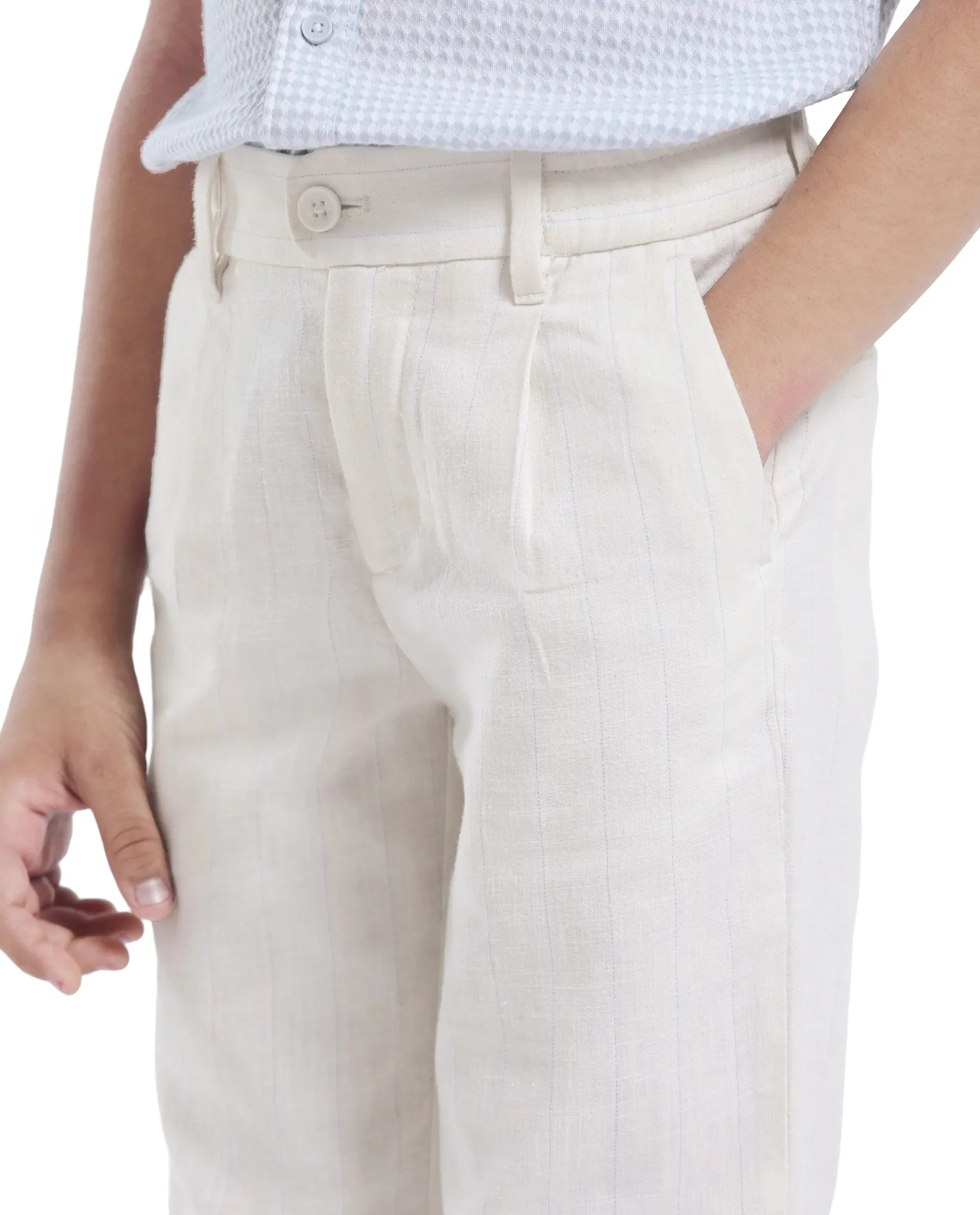 Rare Ones Kids Leo White Linen Blend Linen Blend Striped Button & Zip Closure Regular Fit Trouser