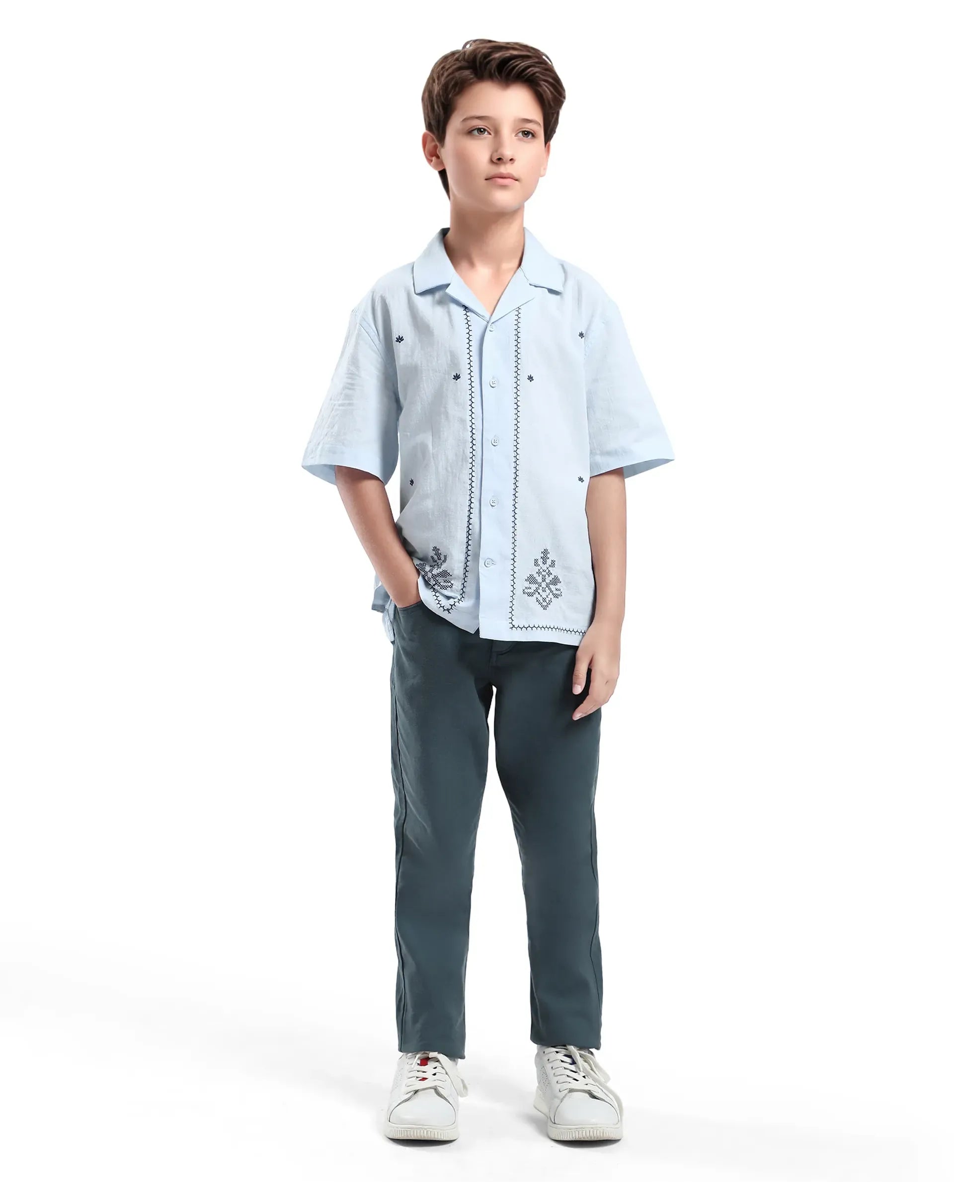 Rare Ones Kids Lucy Light Blue Cotton Half Sleeve Button Embroidered Regular Fit Shirt