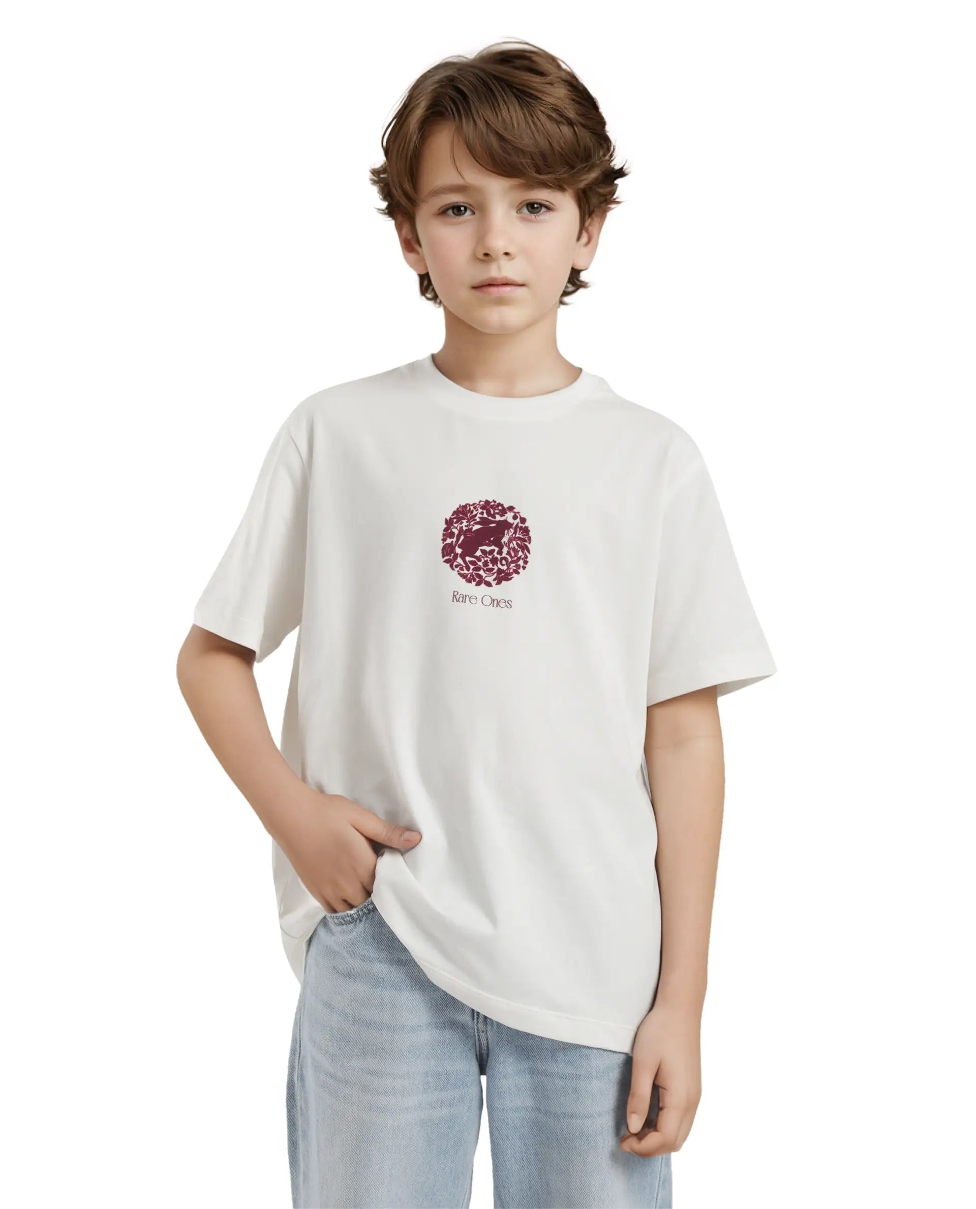 Rare Ones Kids Makes White Cotton Half Sleeves Crew Neck Embroidered T-Shirt