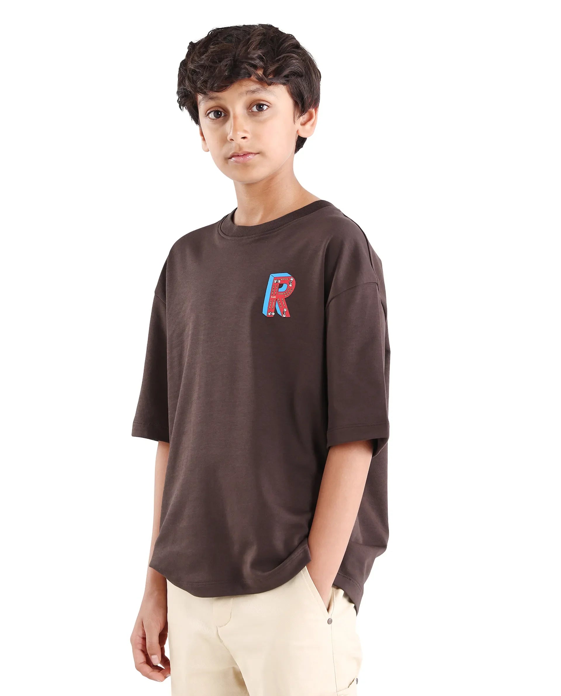 Rare Ones Kids Odin Dark Brown Cotton Pull-On Closure Puff Print Boxy Fit T-Shirt