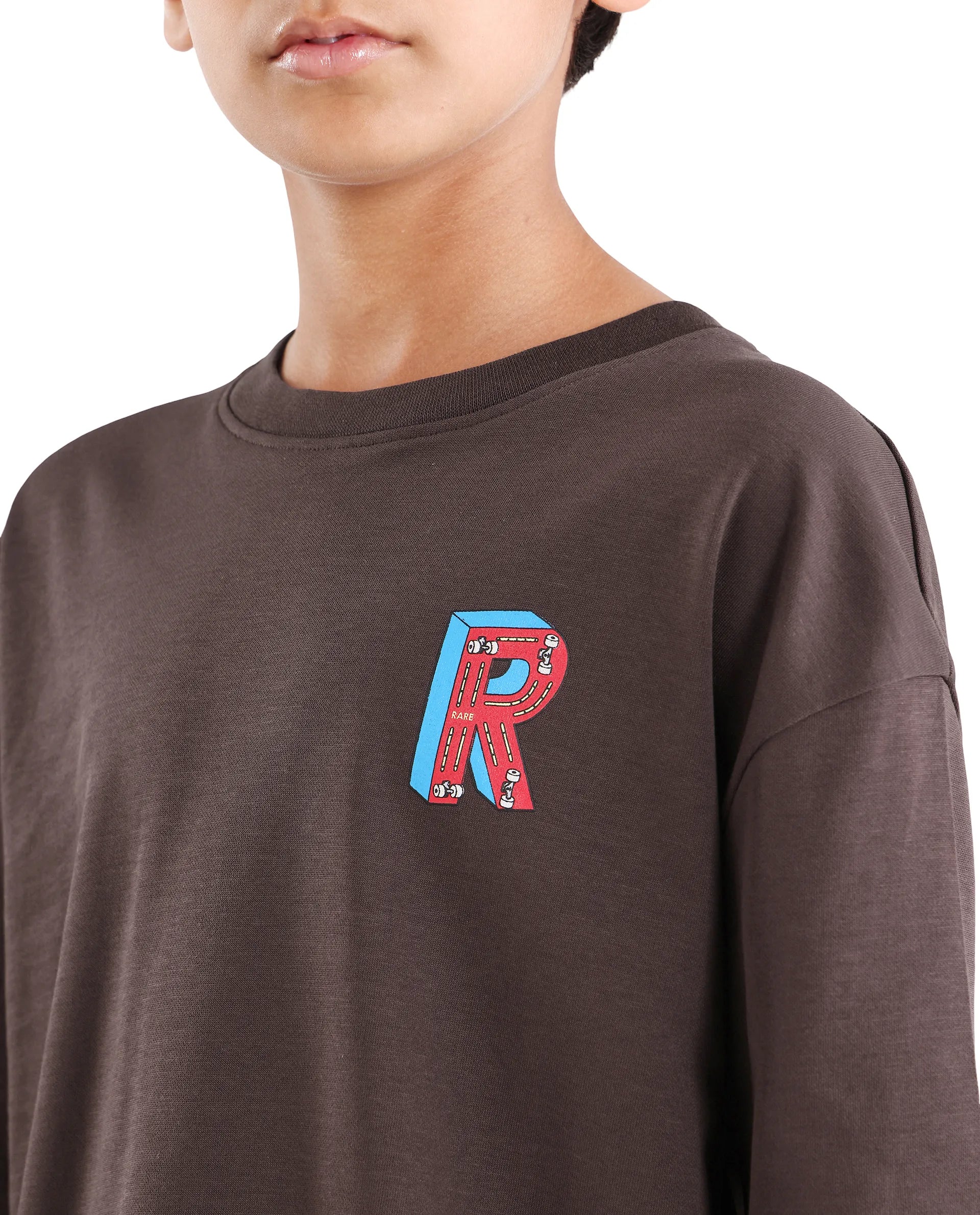 Rare Ones Kids Odin Dark Brown Cotton Pull-On Closure Puff Print Boxy Fit T-Shirt