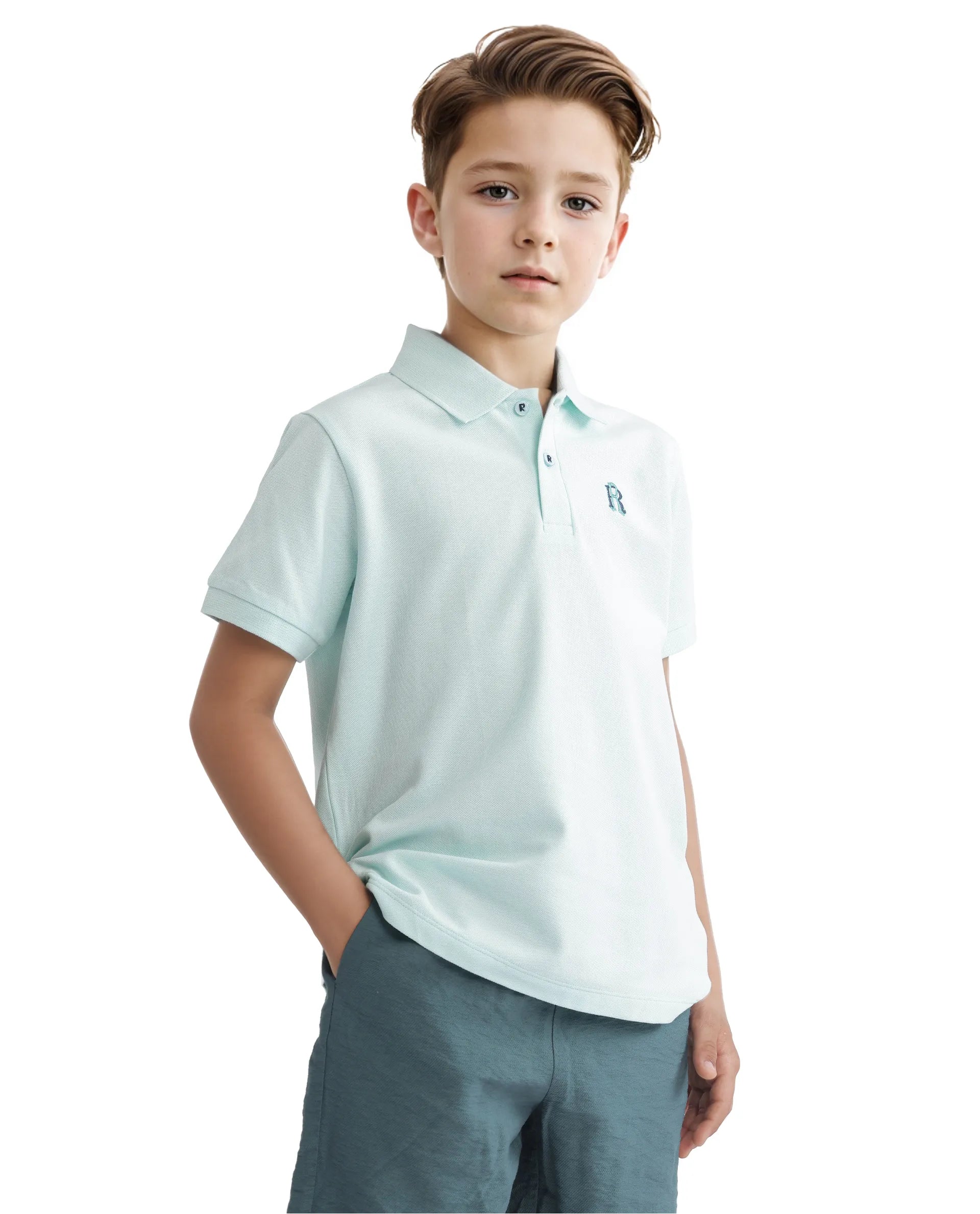 Rare Ones Kids Orik Light Turq Cotton Short Sleeve Embroidered Regular Fit Polo