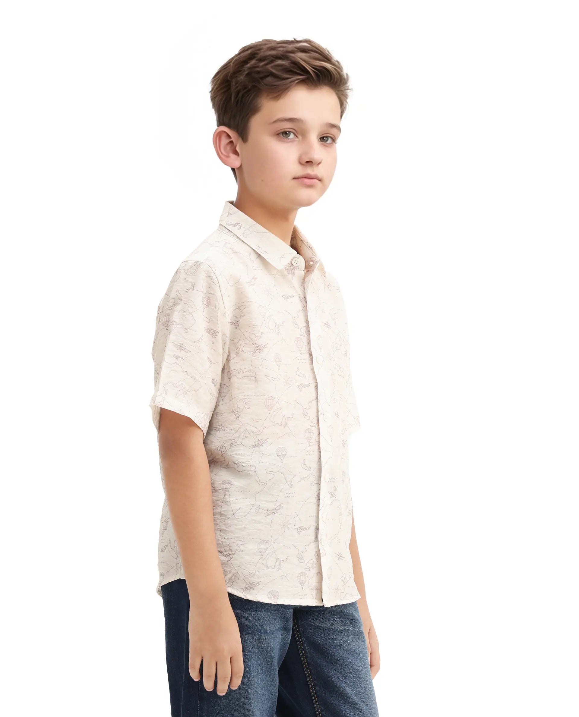 Rare Ones Kids Reyin Off White Viscose Printed Button Closure Regular Fit Shirt
