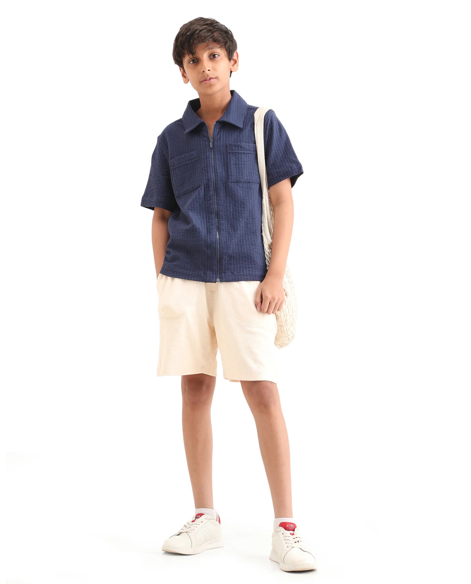 Rare Ones Kids Lomz Dark Navy Cotton Fabric Half Sleeve Tonal Stripe Shacket