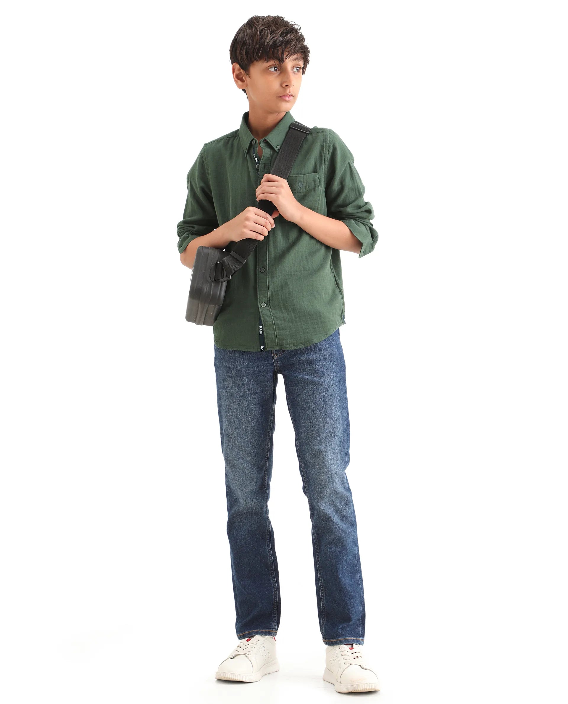 Rare Ones Kids Layerr Ls-K Dusky Green Cotton Full Sleeve Spread Collar Solid Shirt