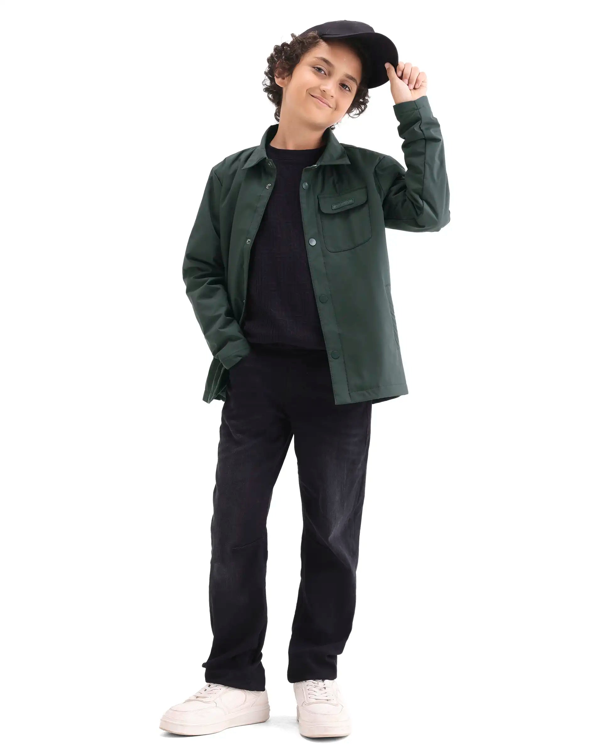 Rare Ones Kids Fagu-K Green Polyester Button Closure Flat Collar Plain Full Sleeves Regular Fit Jacket