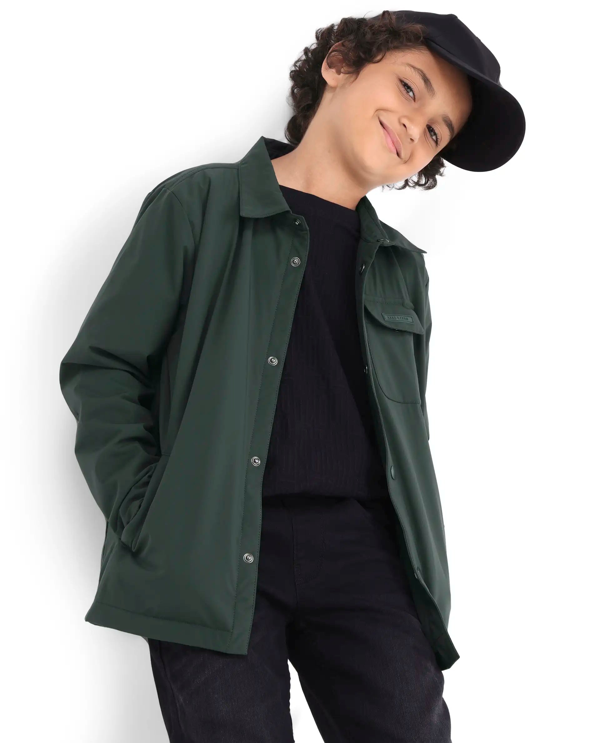 Rare Ones Kids Fagu-K Green Polyester Button Closure Flat Collar Plain Full Sleeves Regular Fit Jacket