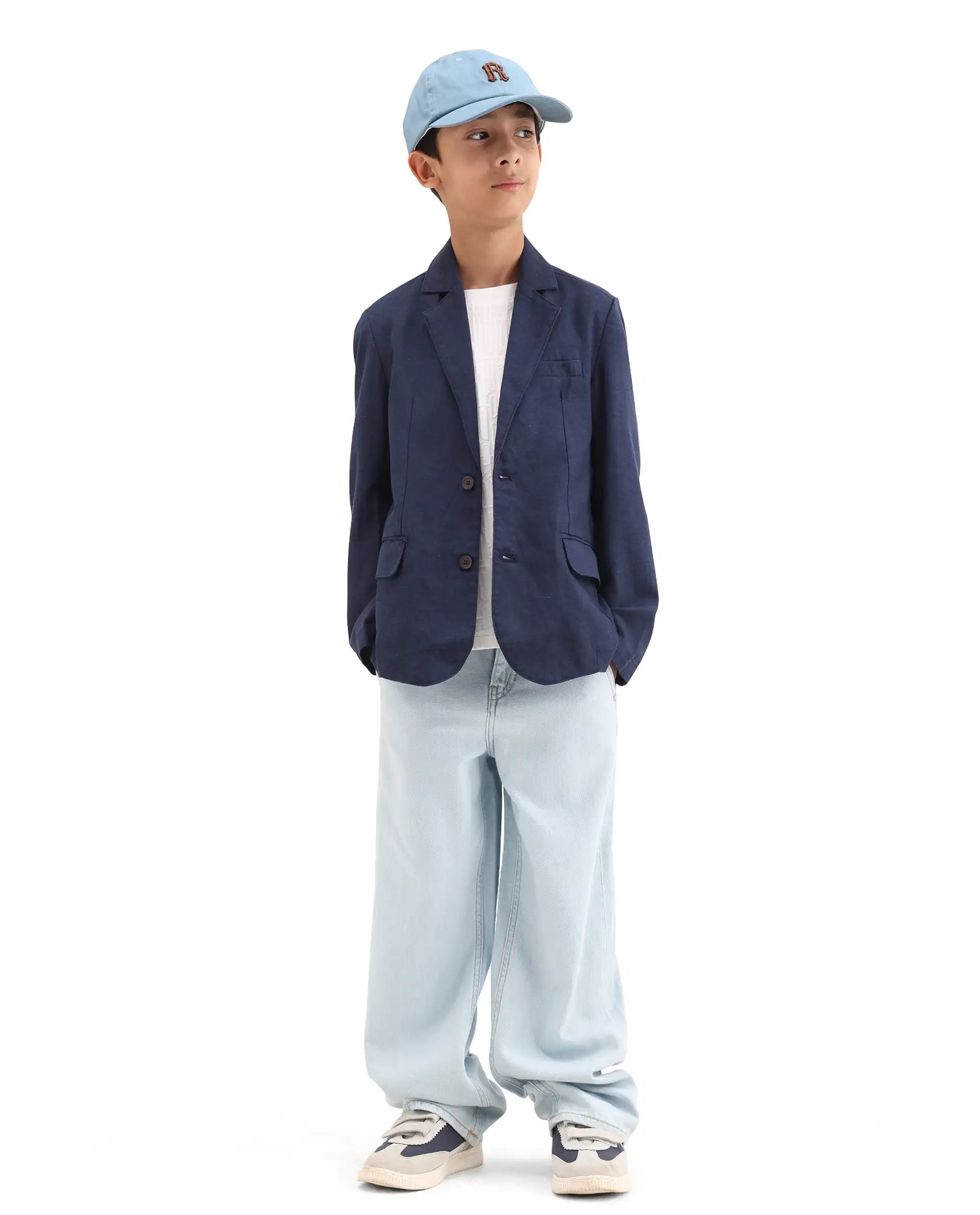 Rare Ones Kids Watson Navy Linen Blend Solid Button Closure Tailored Fit Blazer