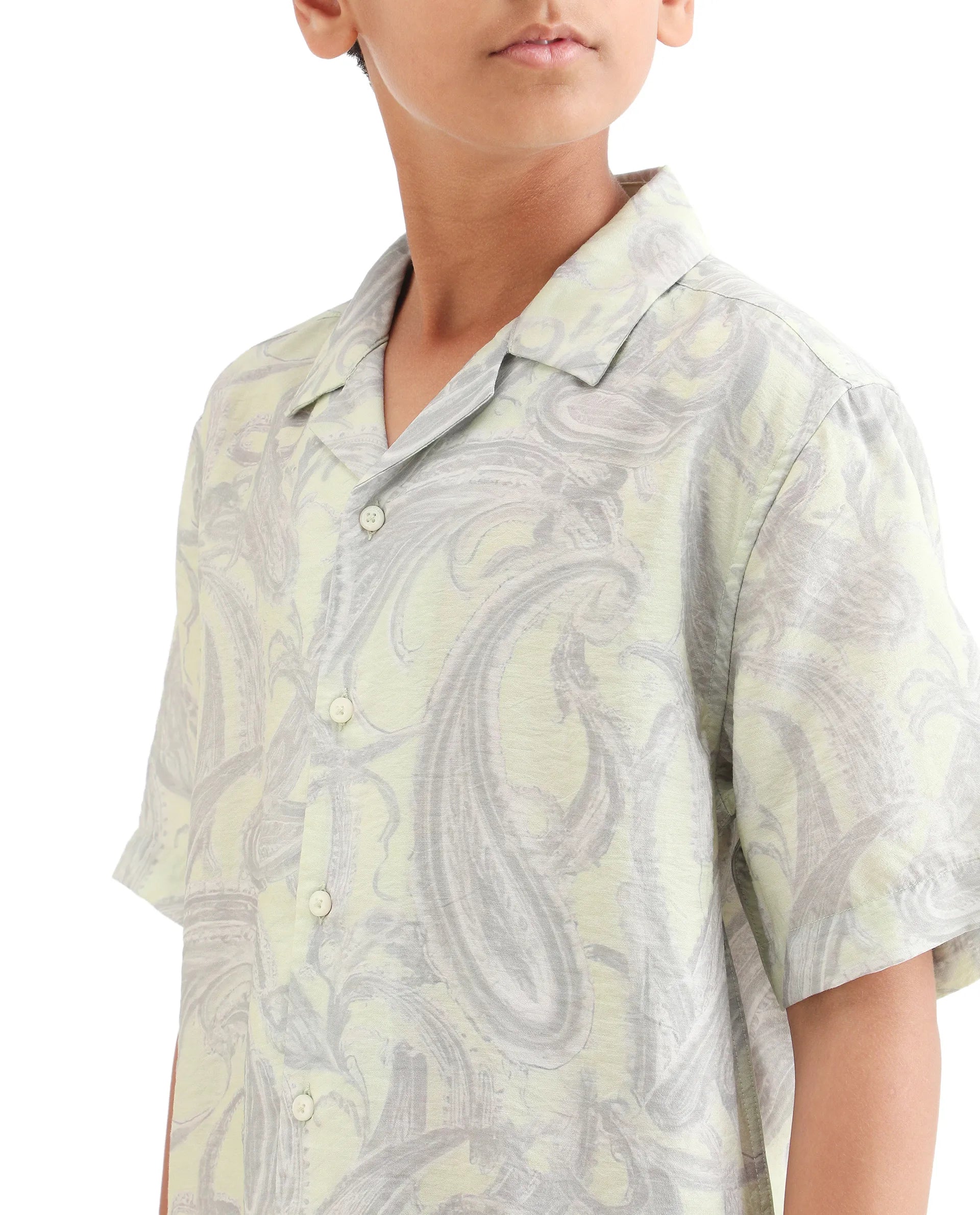 Rare Ones Kids Pasel-S Fluorescent Green Viscose Blend Button Closure Boxy Fit Shirt