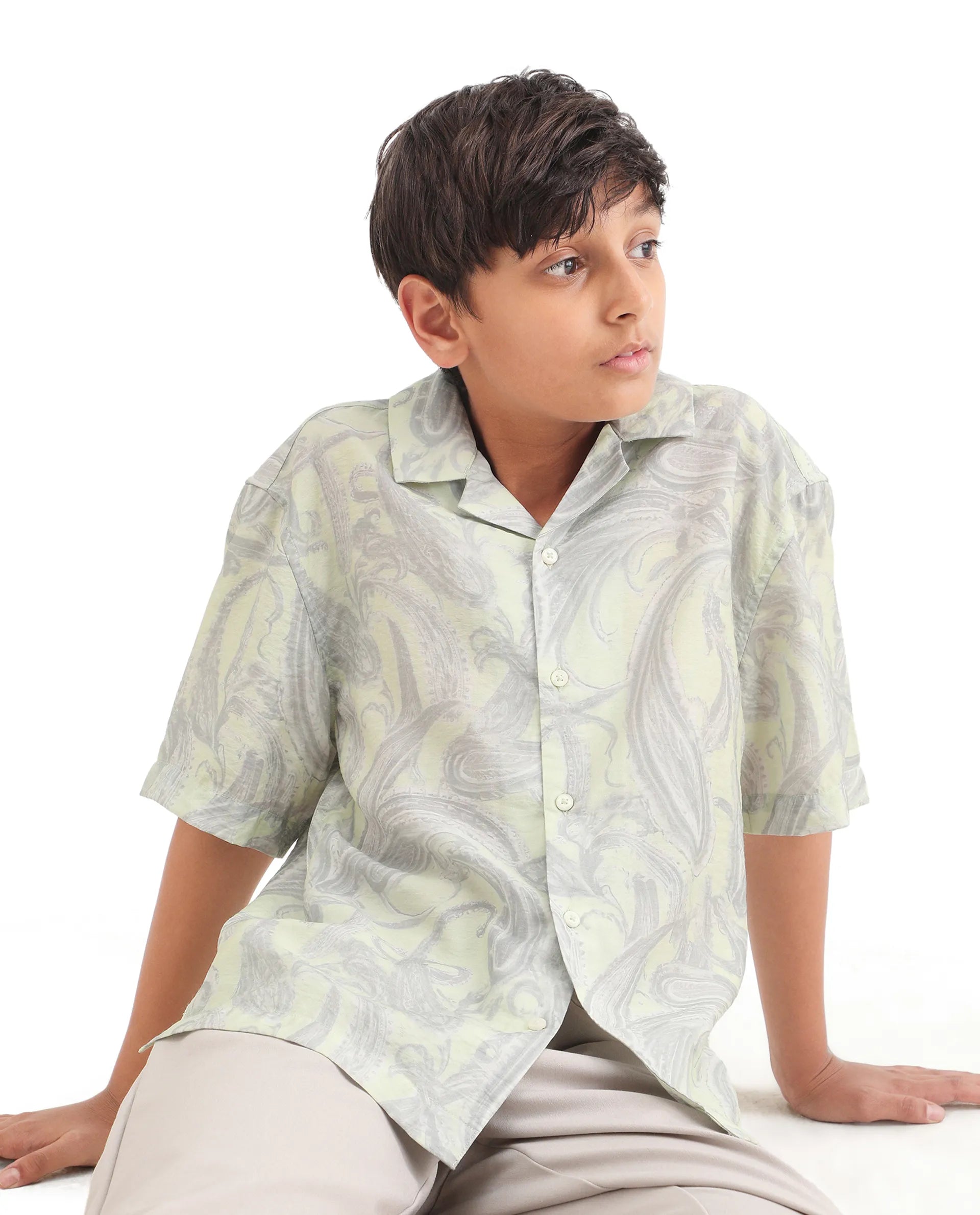 Rare Ones Kids Pasel-S Fluorescent Green Viscose Blend Button Closure Boxy Fit Shirt