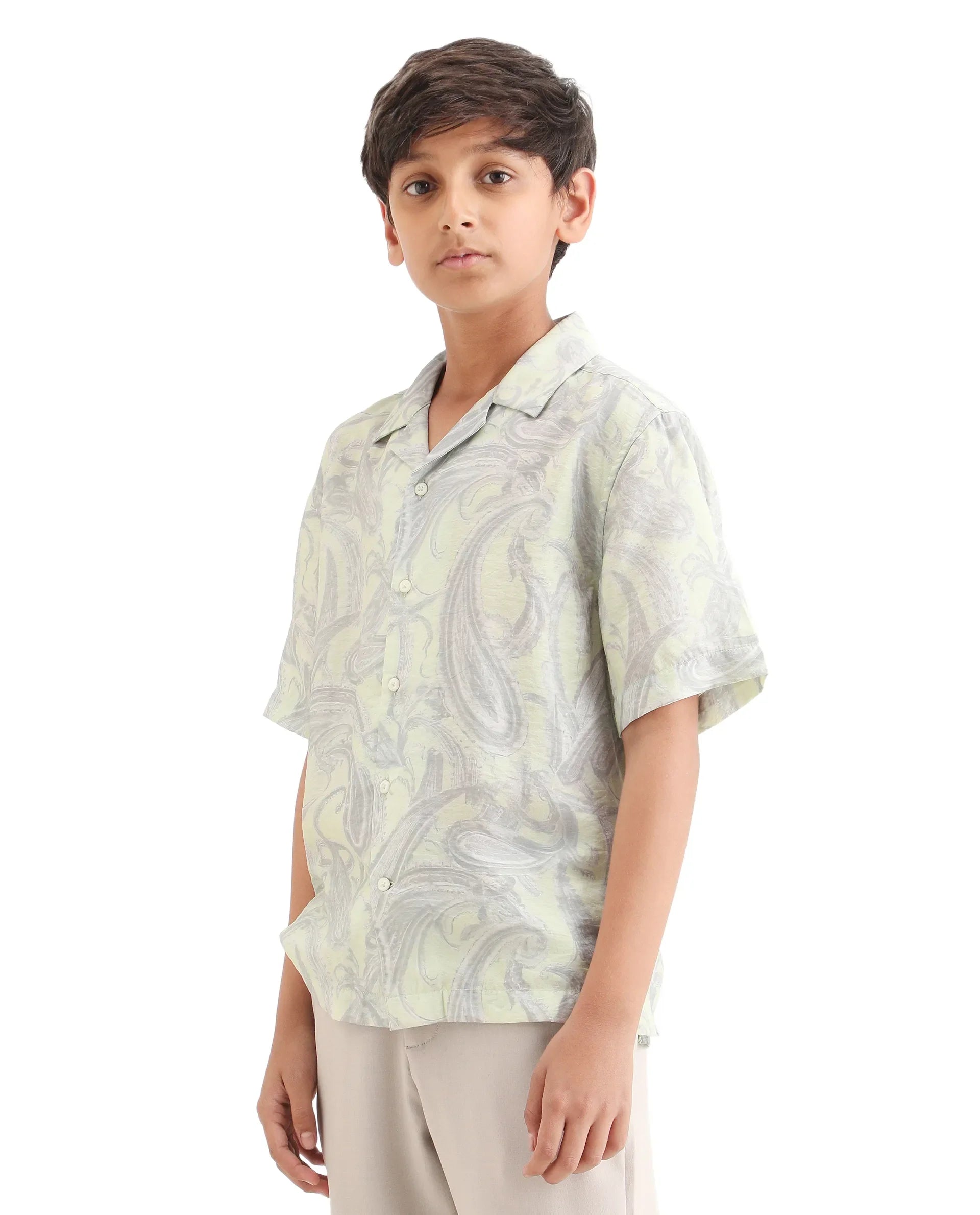 Rare Ones Kids Pasel-S Fluorescent Green Viscose Blend Button Closure Boxy Fit Shirt