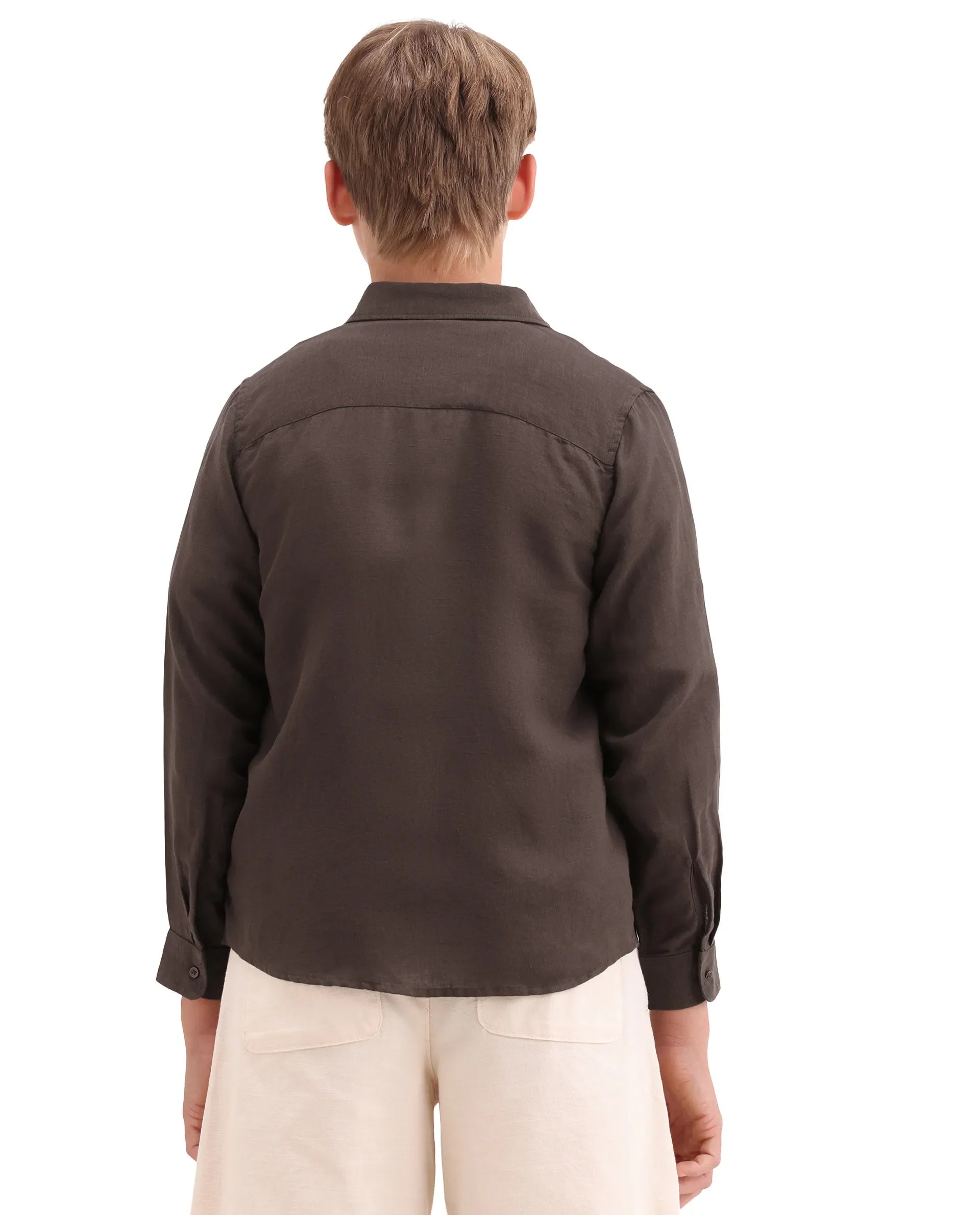 Rare Ones Kids Lino-Fs Dark Brown Linen Blend Button Closure Regular Fit Shirt