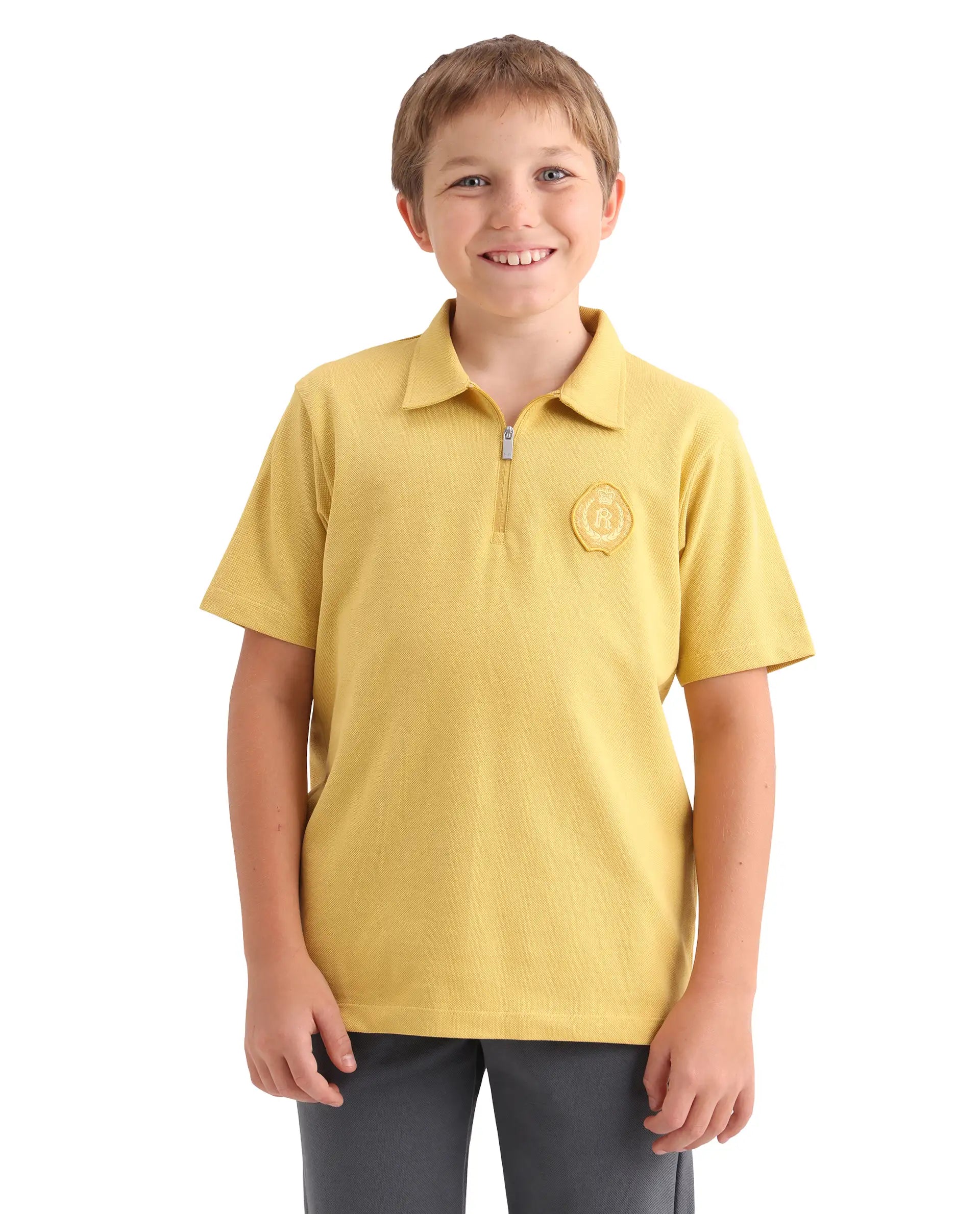 Rare Ones Kids Crown Yellow Cotton Fabric Applique Zipper Closure Regular Fit Polo
