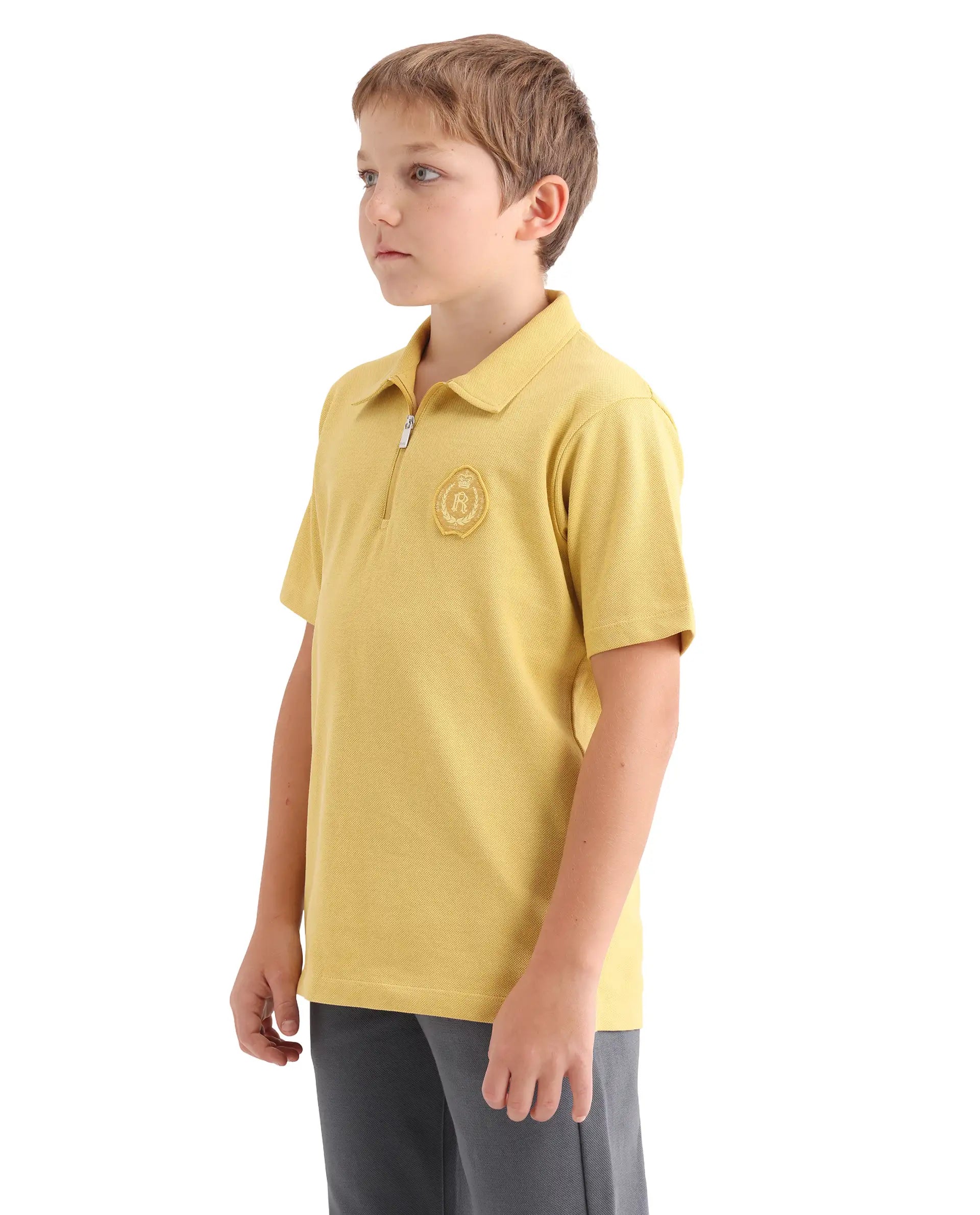Rare Ones Kids Crown Yellow Cotton Fabric Applique Zipper Closure Regular Fit Polo