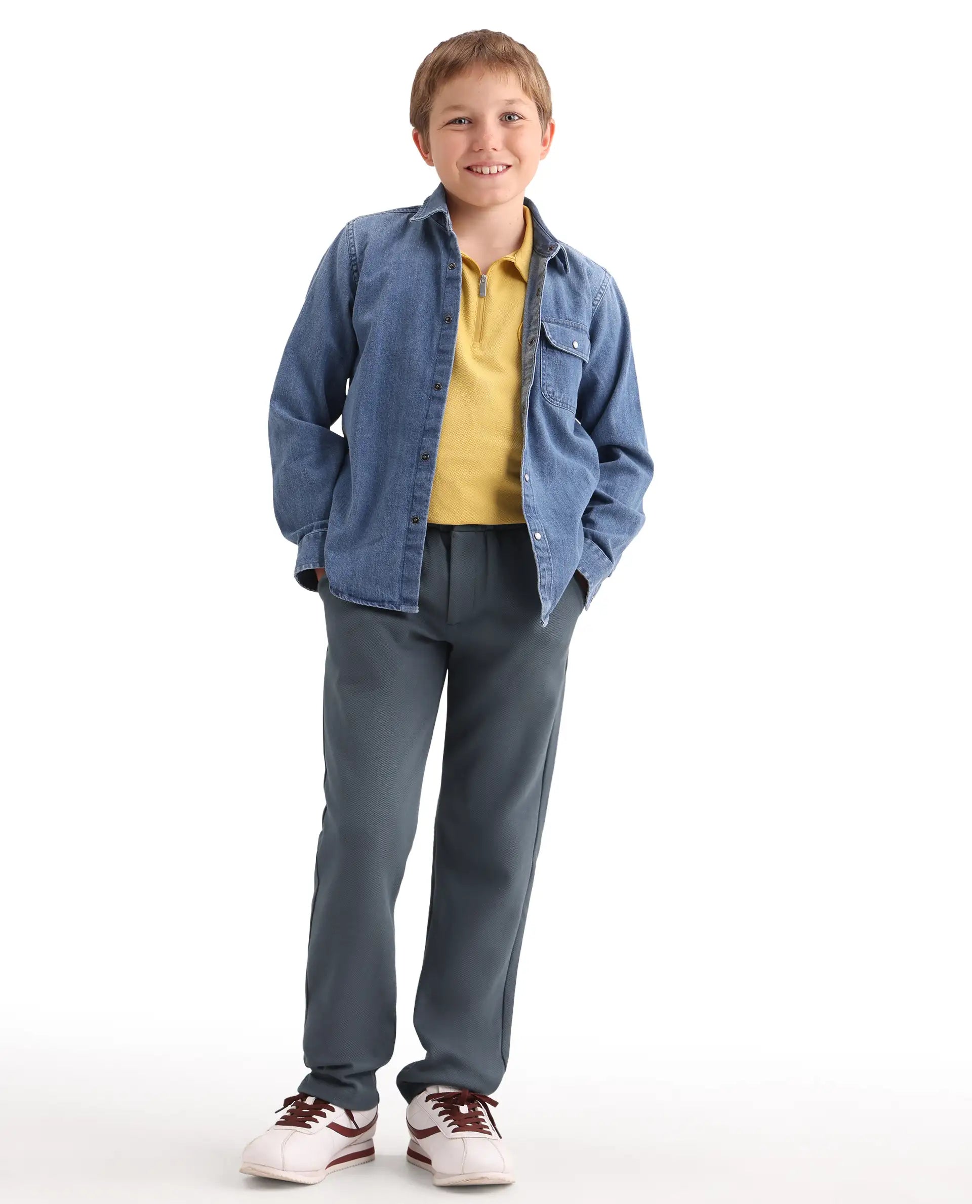 Rare Ones Kids Aura Dusky Blue Cotton Fabric Button And Zipper Closure Straight Fit Trouser