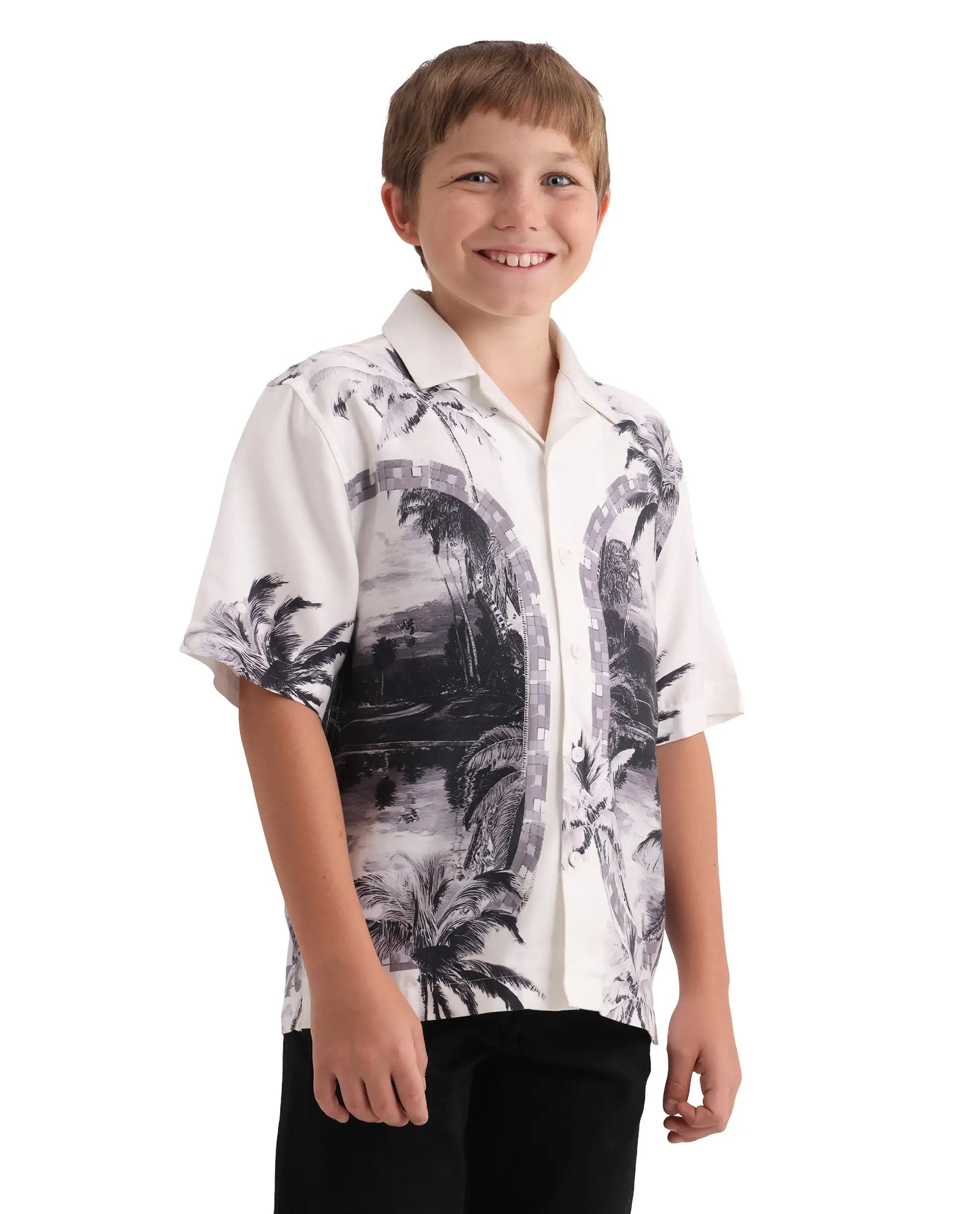 Rare Ones Kids Vacay White Cotton Blend Fabric Button Closure Boxy Fit Shirt