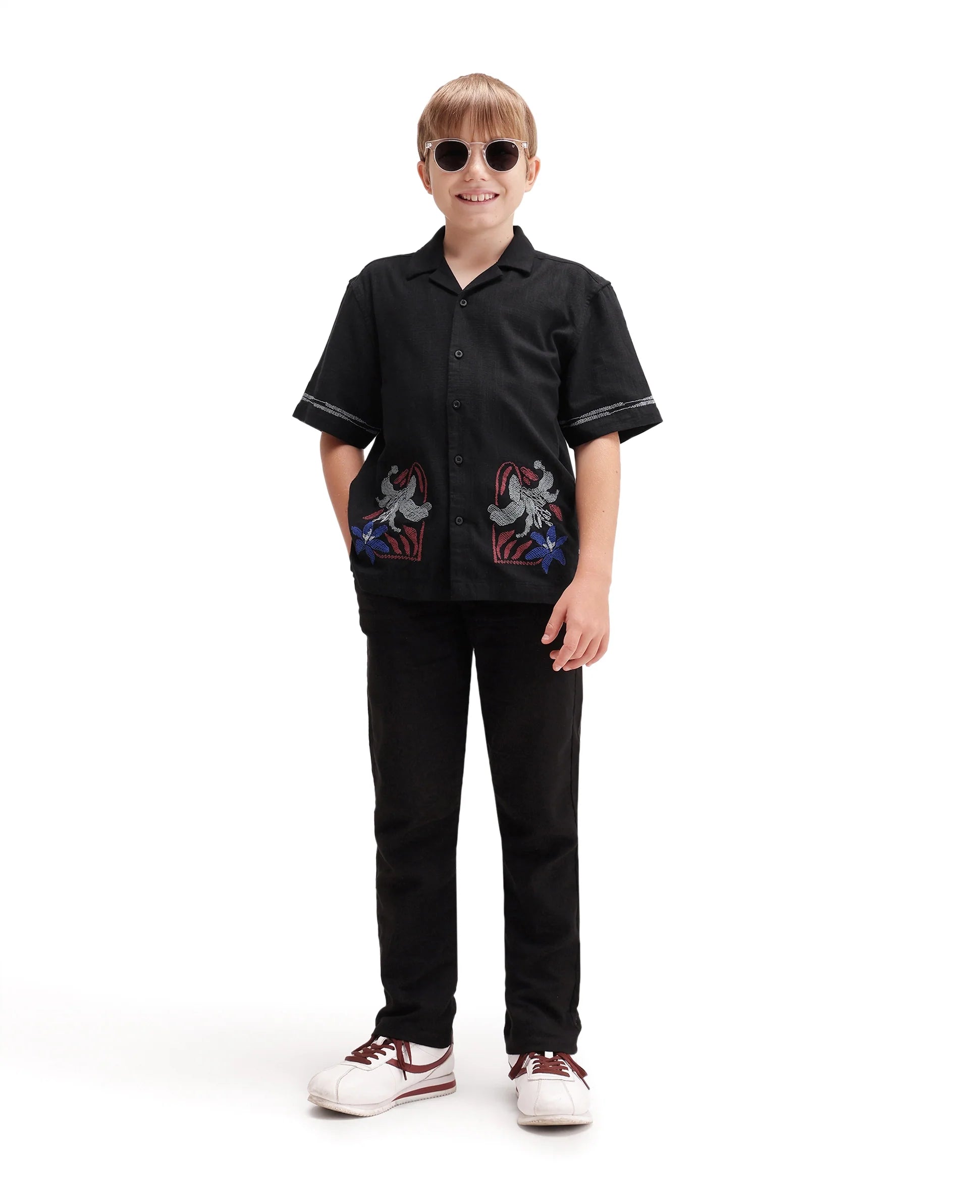 Rare Ones Kids Albo Black Cotton Blend Fabric Button Closure Regular Fit Shirt
