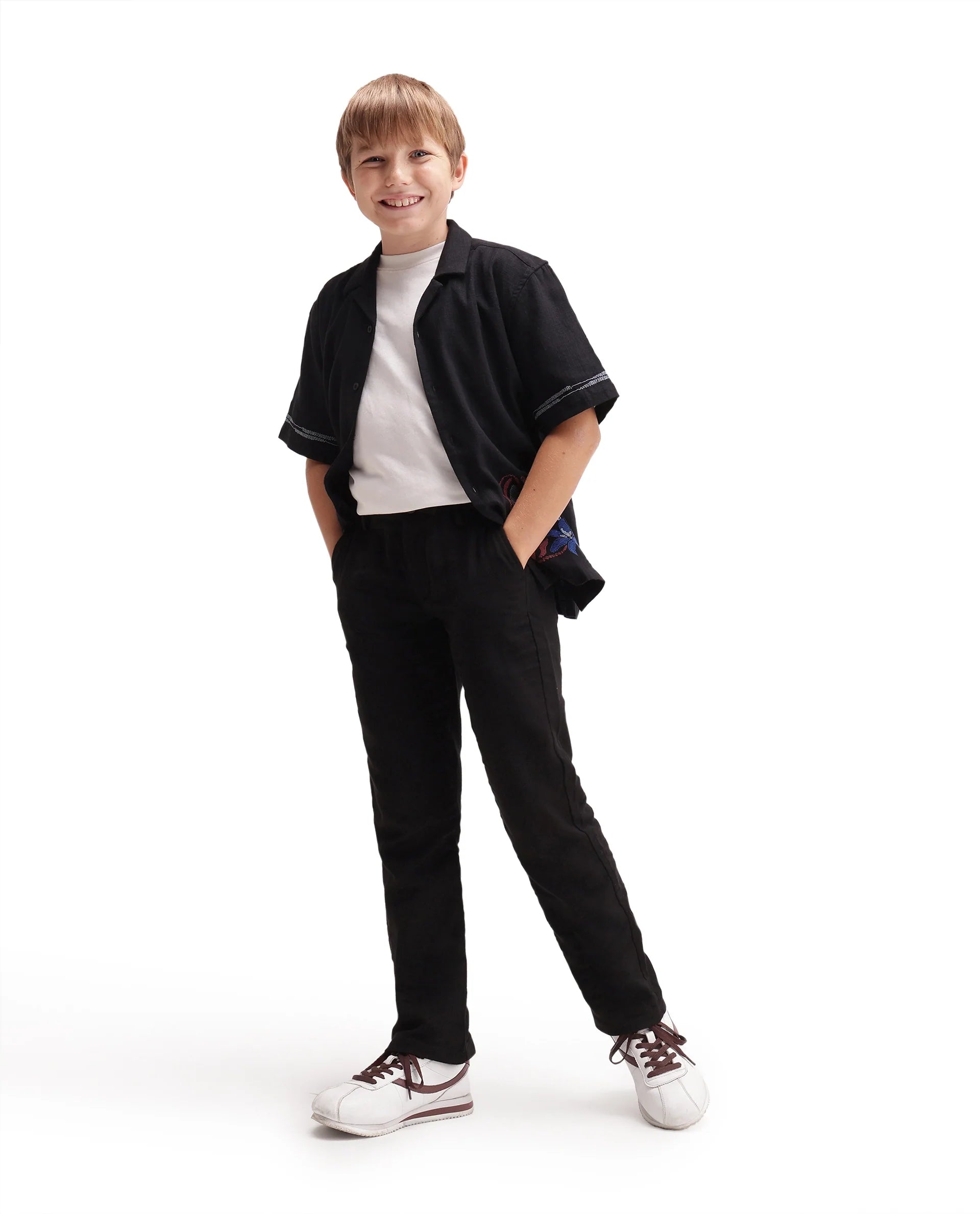 Rare Ones Kids Pastor-K-Aw26 Black Cotton Fabric Drawstring Closure Regular Fit Trouser