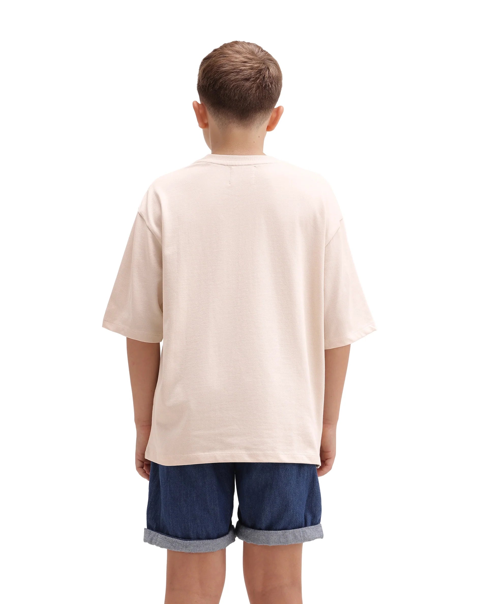 Rare Ones Kids Tenn Light Beige Cotton Fabric Pull-On Closure Oversized Graphic Print T-Shirt
