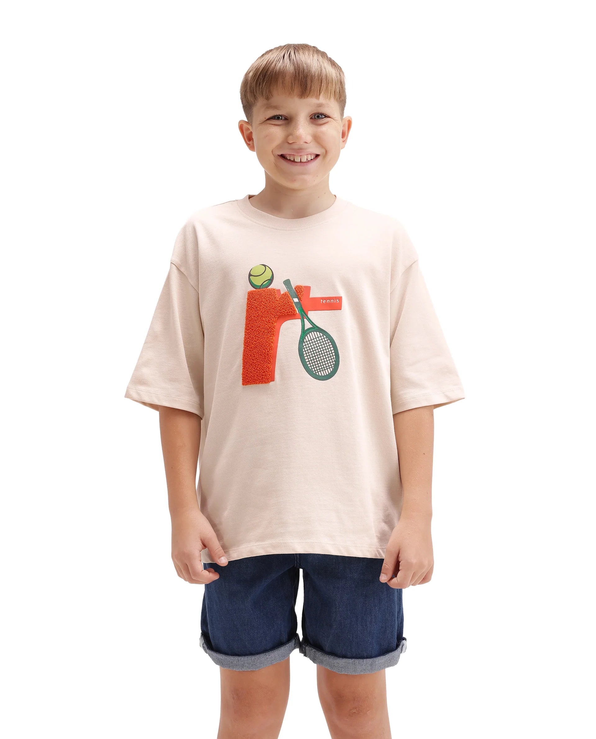 Rare Ones Kids Tenn Light Beige Cotton Fabric Pull-On Closure Oversized Graphic Print T-Shirt