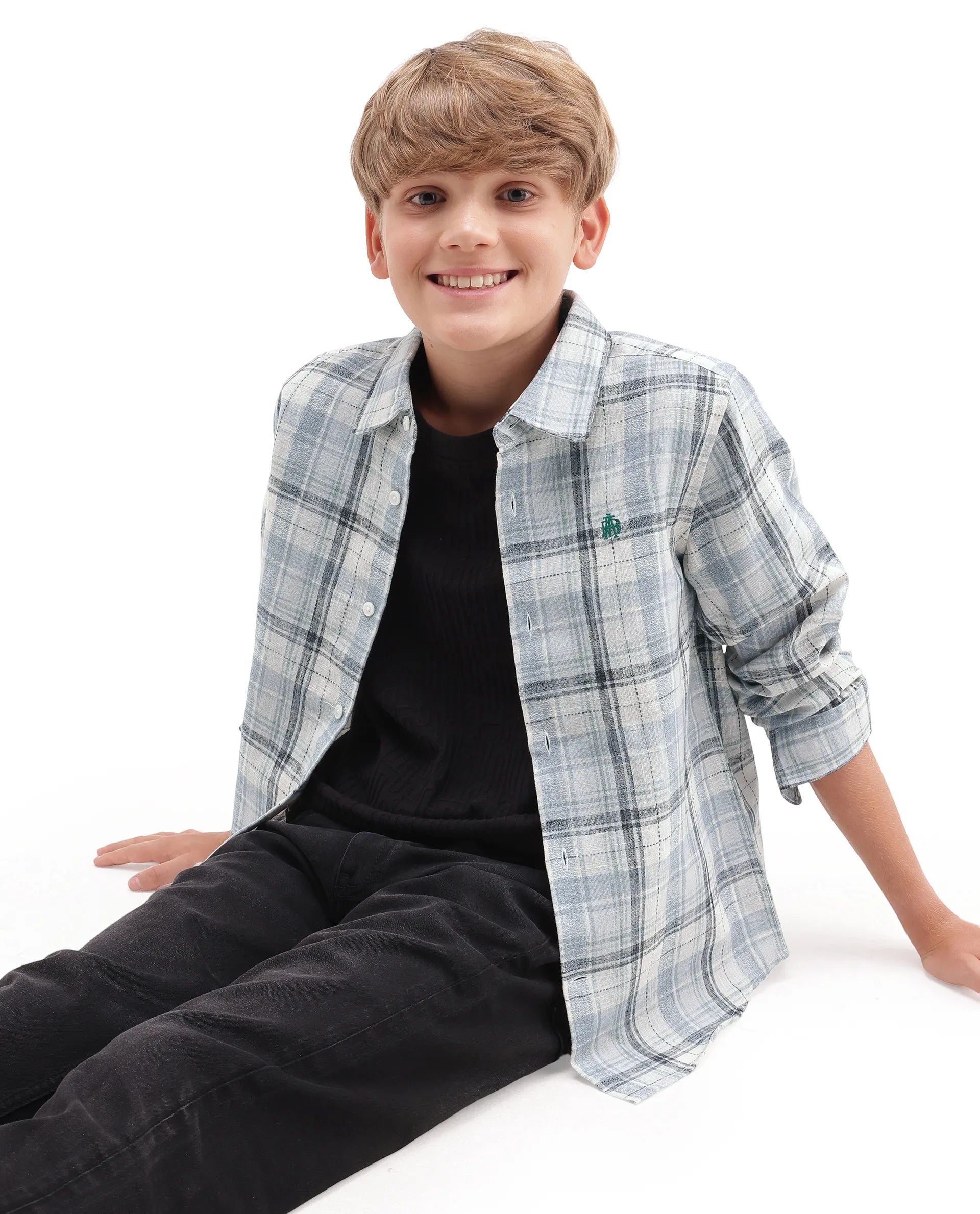 Rare Ones Kids Dean Dusky Blue Polyester Blend Fabric Button Closure Regular Fit Checkered Shirt