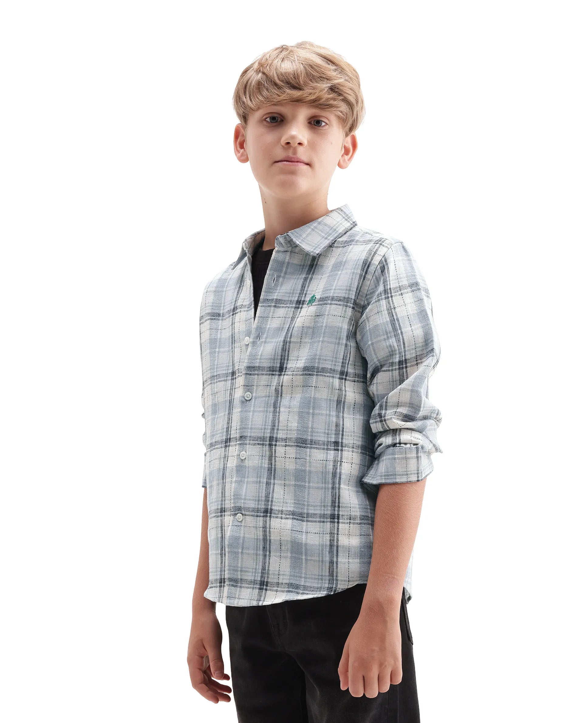 Rare Ones Kids Dean Dusky Blue Polyester Blend Fabric Button Closure Regular Fit Checkered Shirt