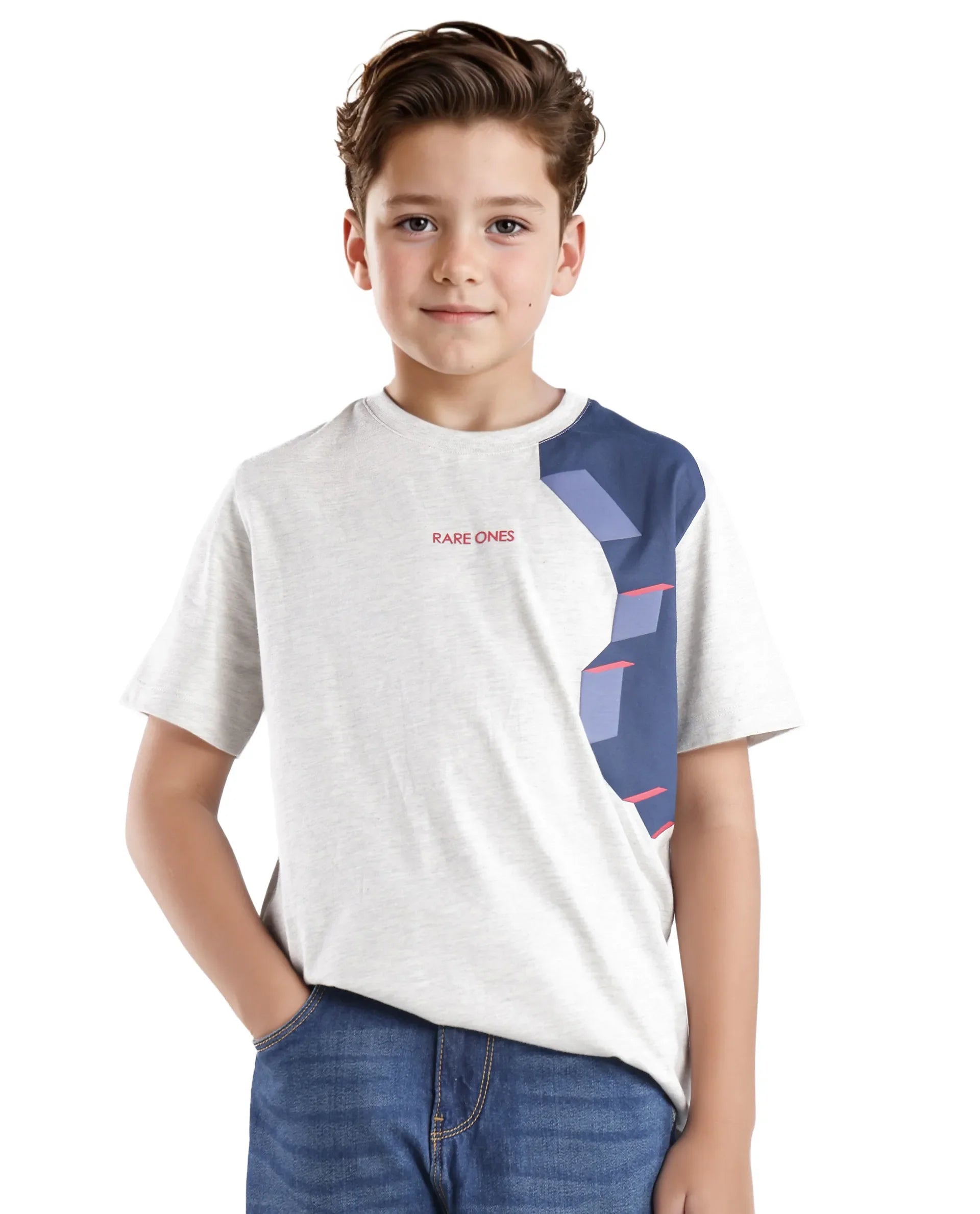 Rare Ones Kids Si Light Grey Cotton Short Sleeve Crew Neck Raised Hd Print T-Shirt