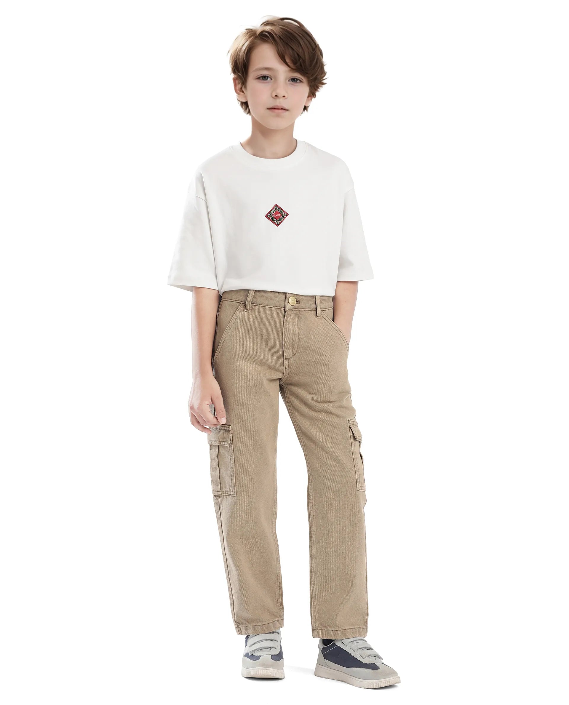 Rare Ones Kids Strait-B Beige Cotton Button And Zipper Closure Plain Loose Fit Jeans