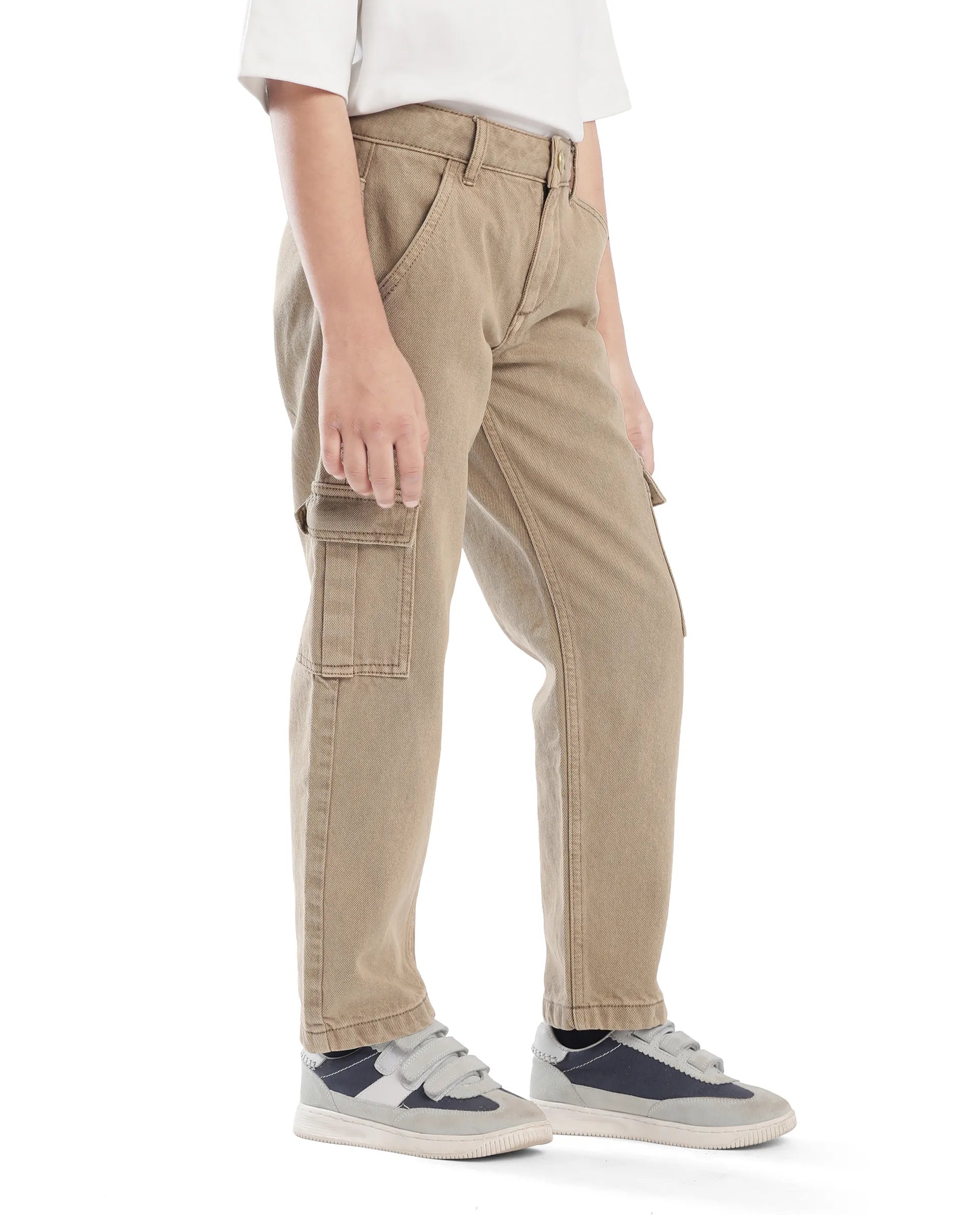 Rare Ones Kids Strait-B Beige Cotton Button And Zipper Closure Plain Loose Fit Jeans