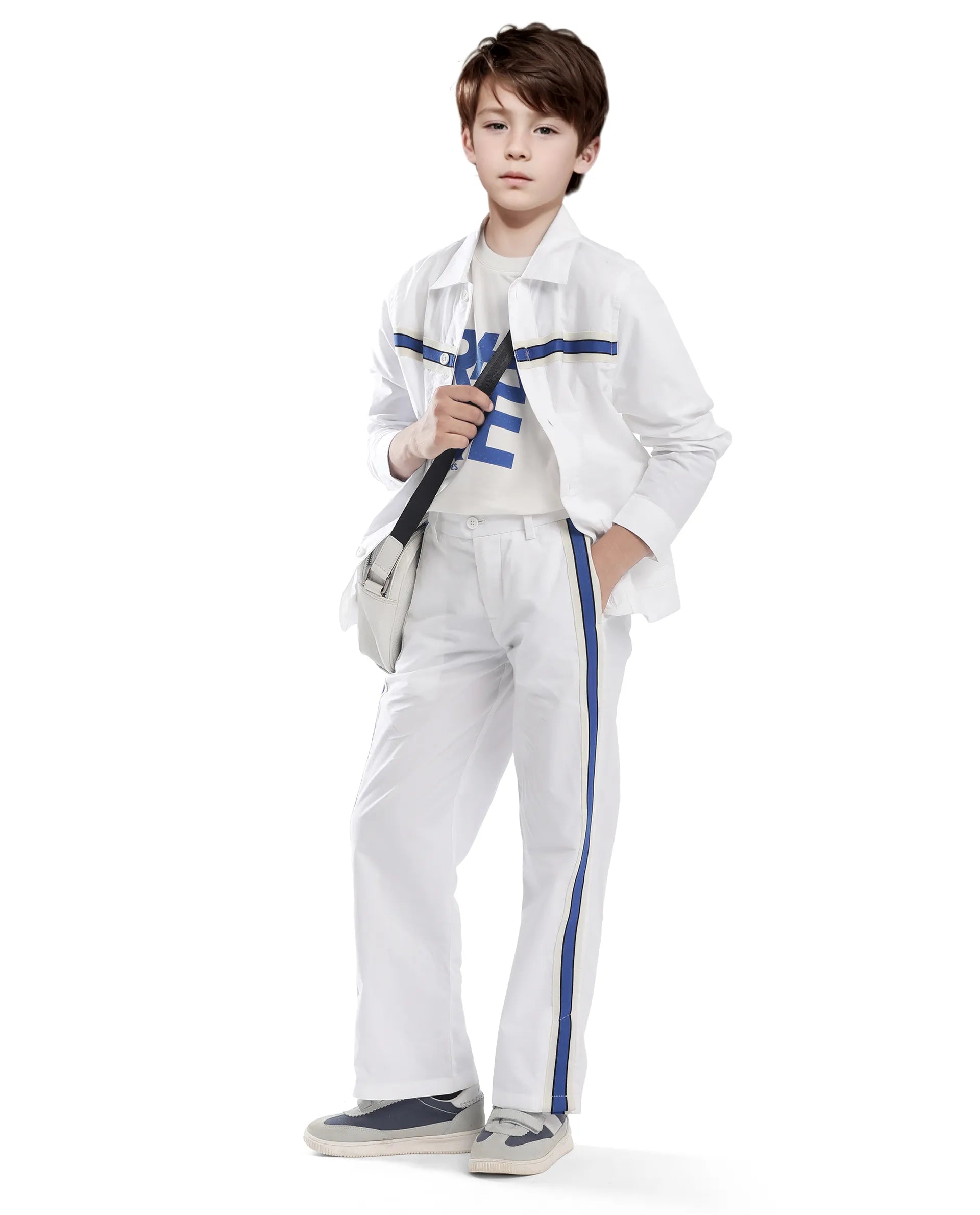 Rare Ones Kids Taper-B White Cotton Tape Detailed Button And Zip Closure Regular Fit Cotton Trouser