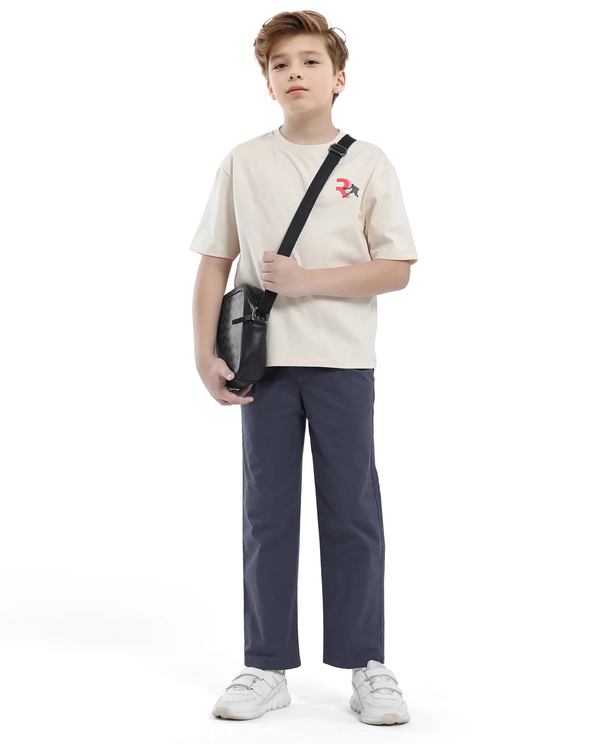 Rare Ones Kids Tino Navy Cotton Plain Button And Zip Closure Regular Fit Trouser