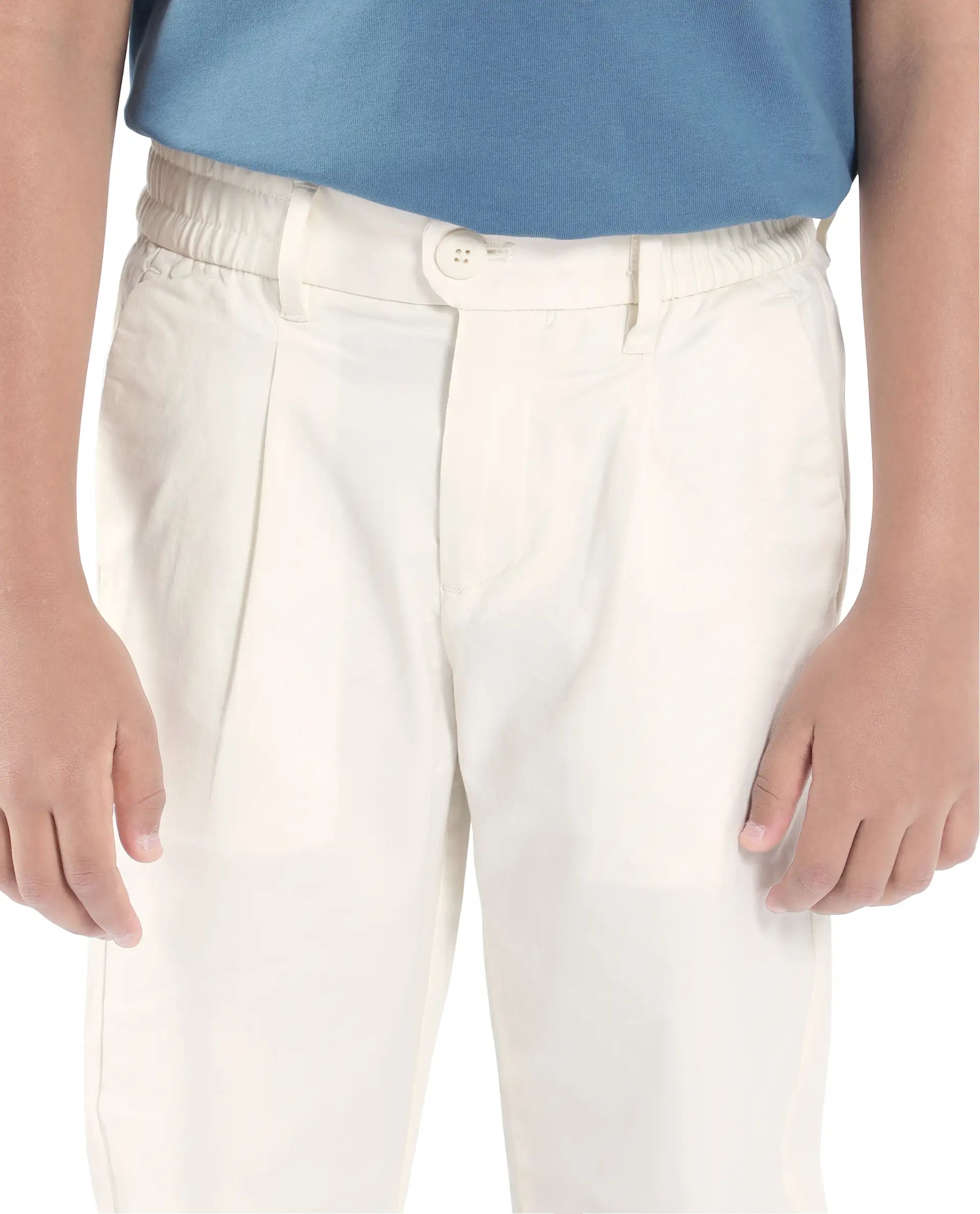 Rare Ones Kids Tino Off White Cotton Plain Button And Zip Closure Regular Fit Trouser
