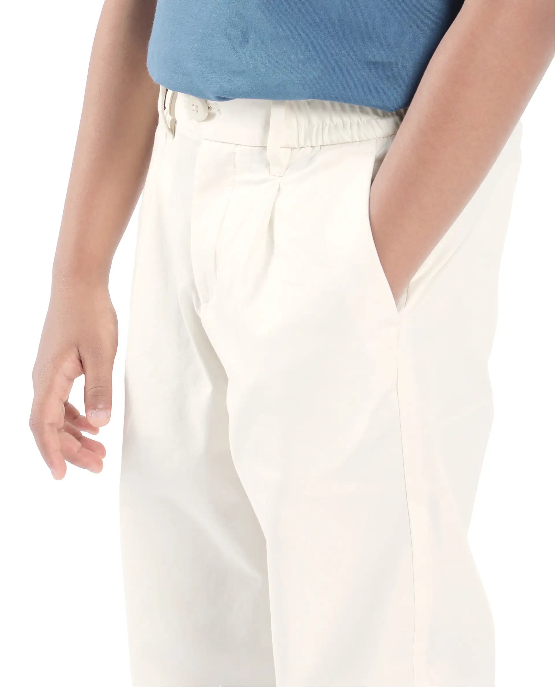 Rare Ones Kids Tino Off White Cotton Plain Button And Zip Closure Regular Fit Trouser