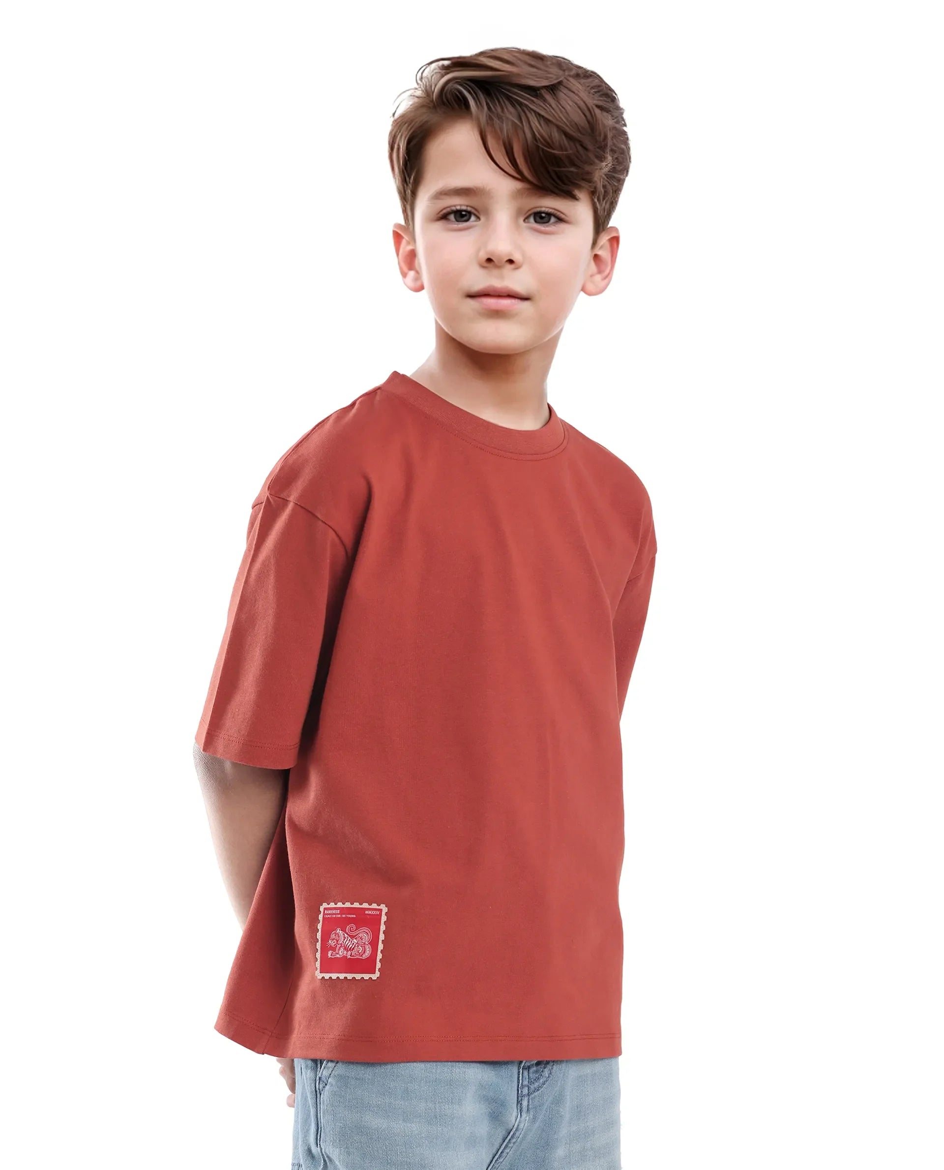 Rare Ones Kids Tiy Rust Cotton Graphic Print Slip-On Oversized Fit T-Shirt