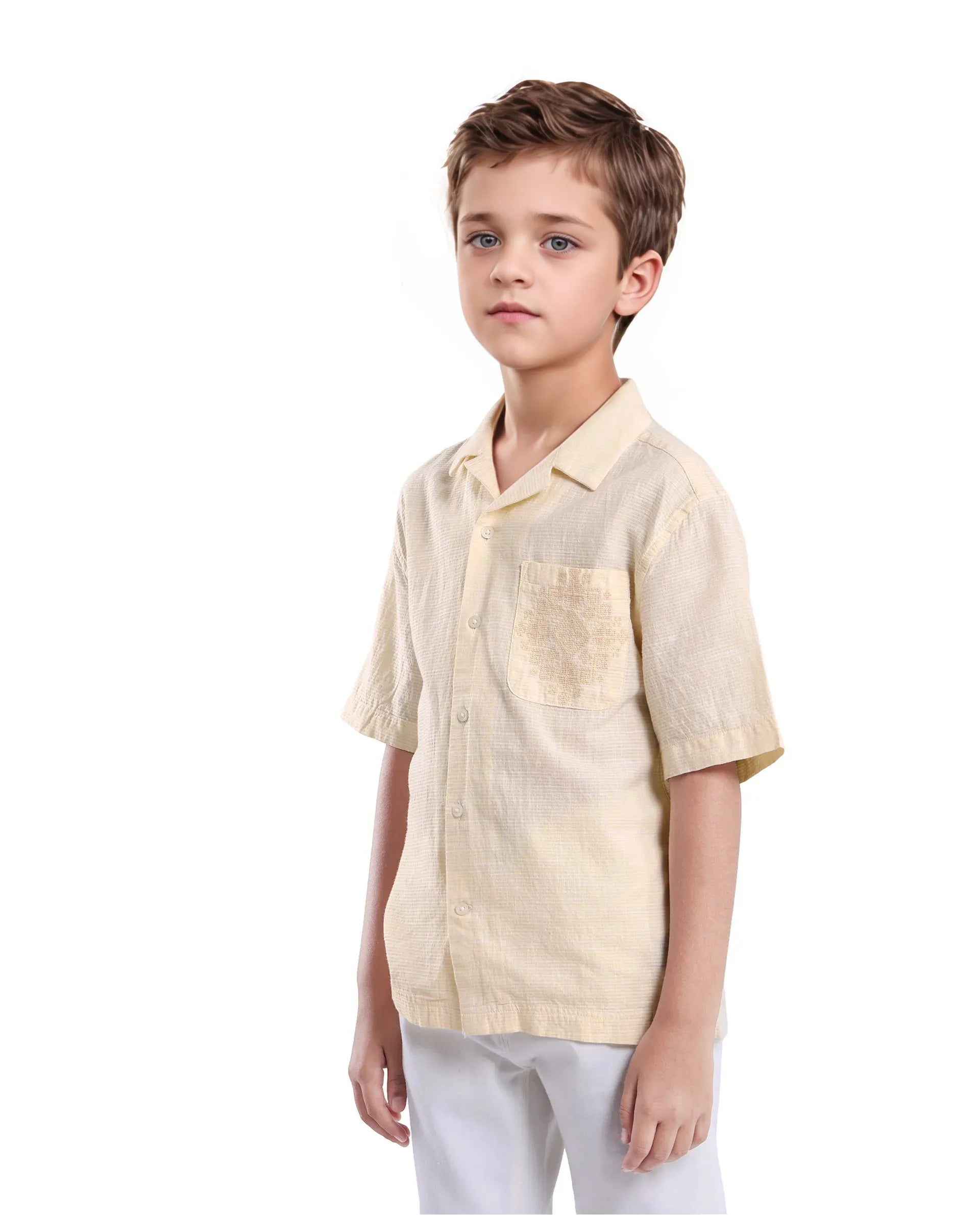 Rare Ones Kids Trok Light Yellow Cotton Half Sleeve Embroidered Button Closure Regular Fit Shirt