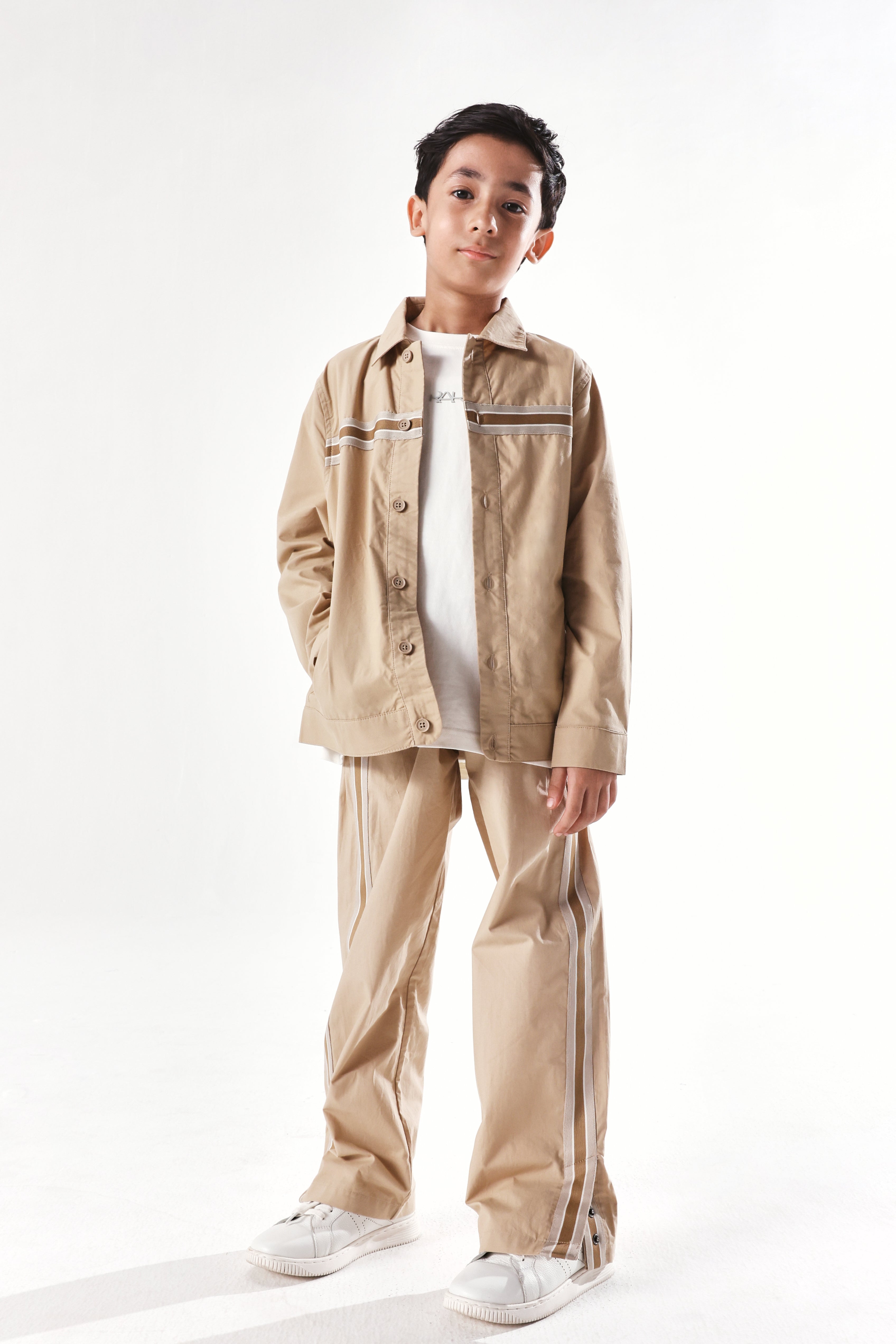 Rare Ones Kids Taper-S Beige Cotton Full Sleeve Button Closure Solid Terron Fit Shacket