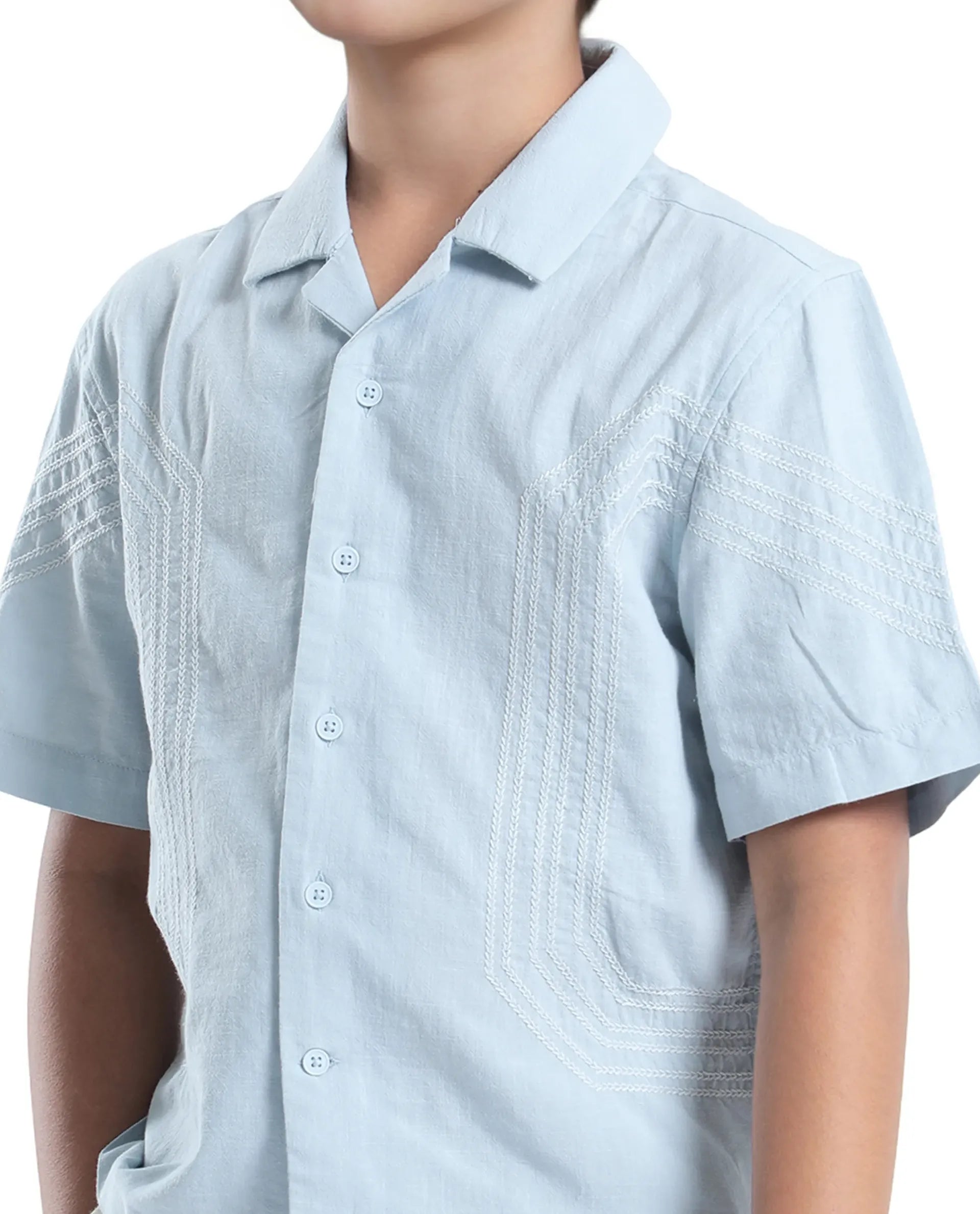 Rare Ones Kids Uno Blue Cotton Blend Half Sleeve Solid Button Closure Regular Fit Shirt