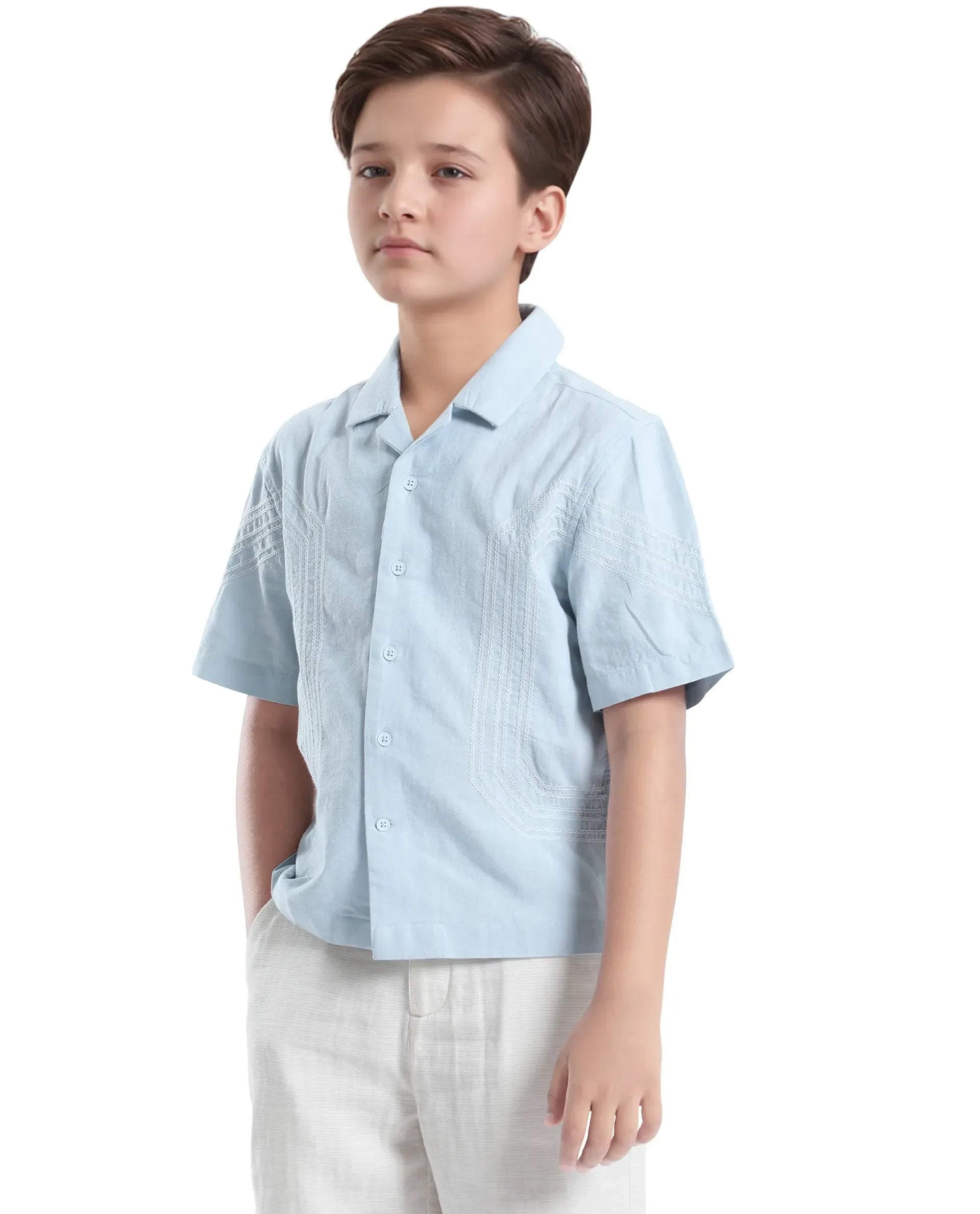 Rare Ones Kids Uno Blue Cotton Blend Half Sleeve Solid Button Closure Regular Fit Shirt