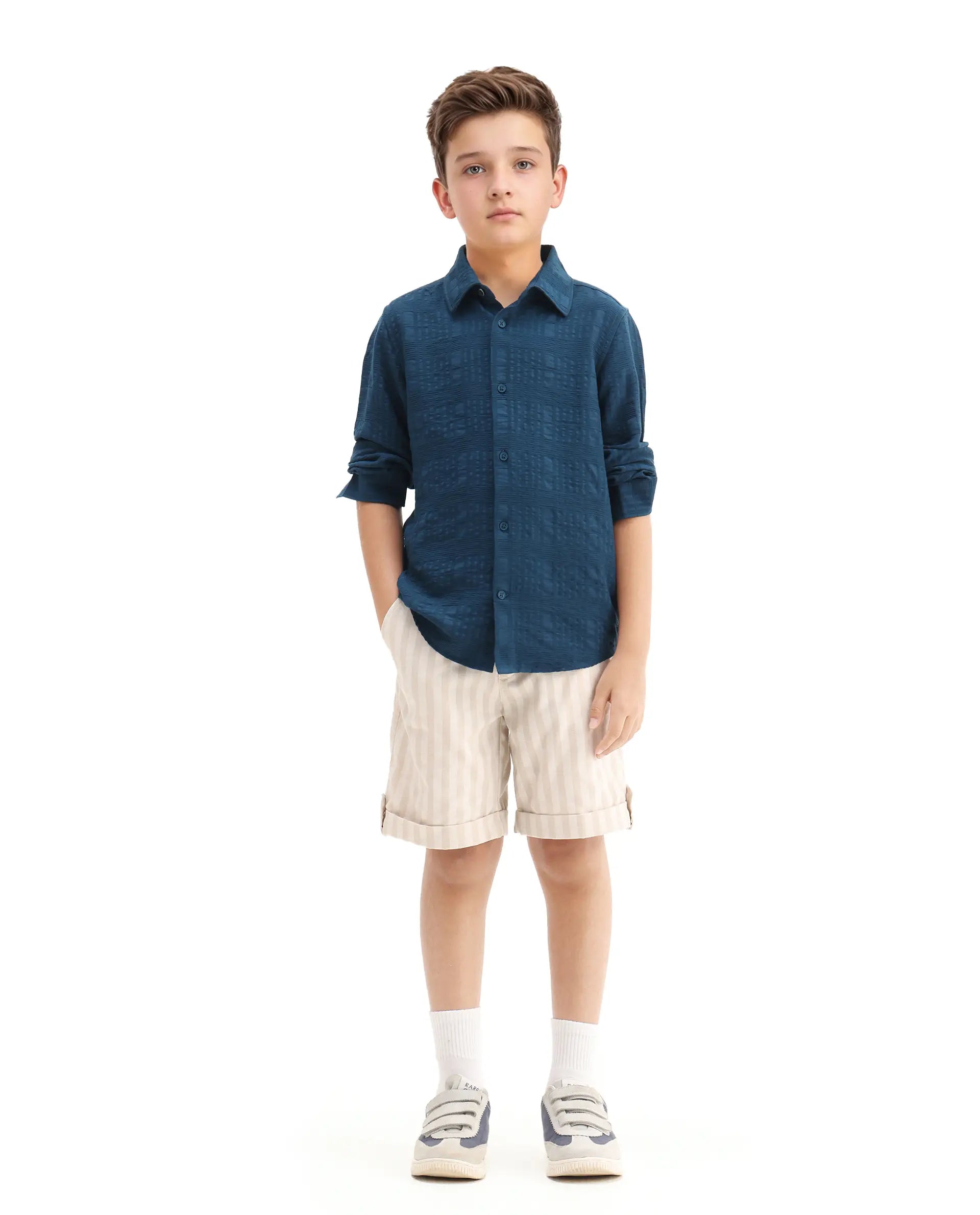 Rare Ones Kids Vack-K Teal Viscose Blend Textured Button Closure Regular Fit Shirt