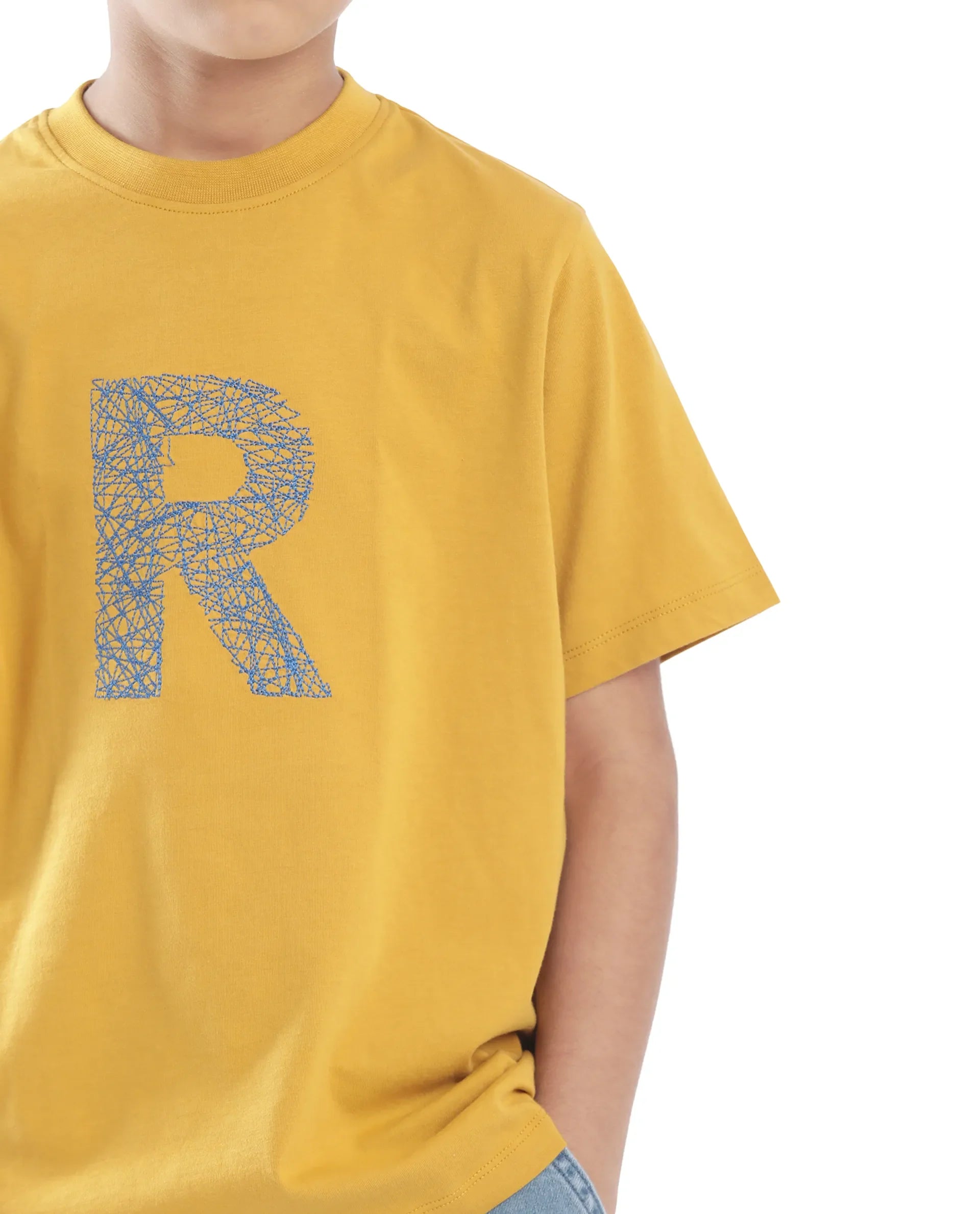 Rare Ones Kids Vexi-K Dark Yellow Cotton Embroidered Slip-On Regular Fit T-Shirt