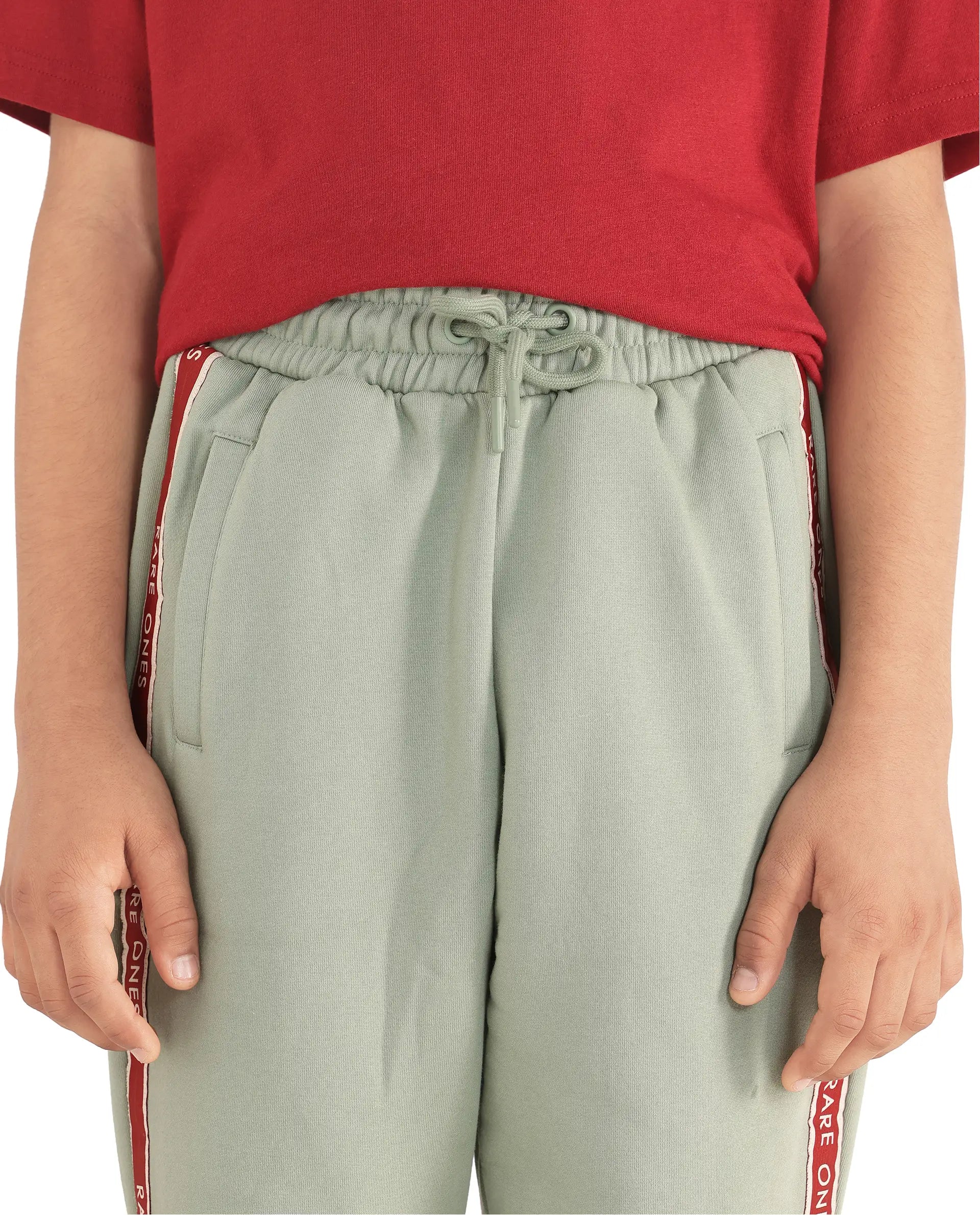 Rare Ones Kids Zeto Dusky Green Cotton Poly Applique Drawstring Closure Trackpant
