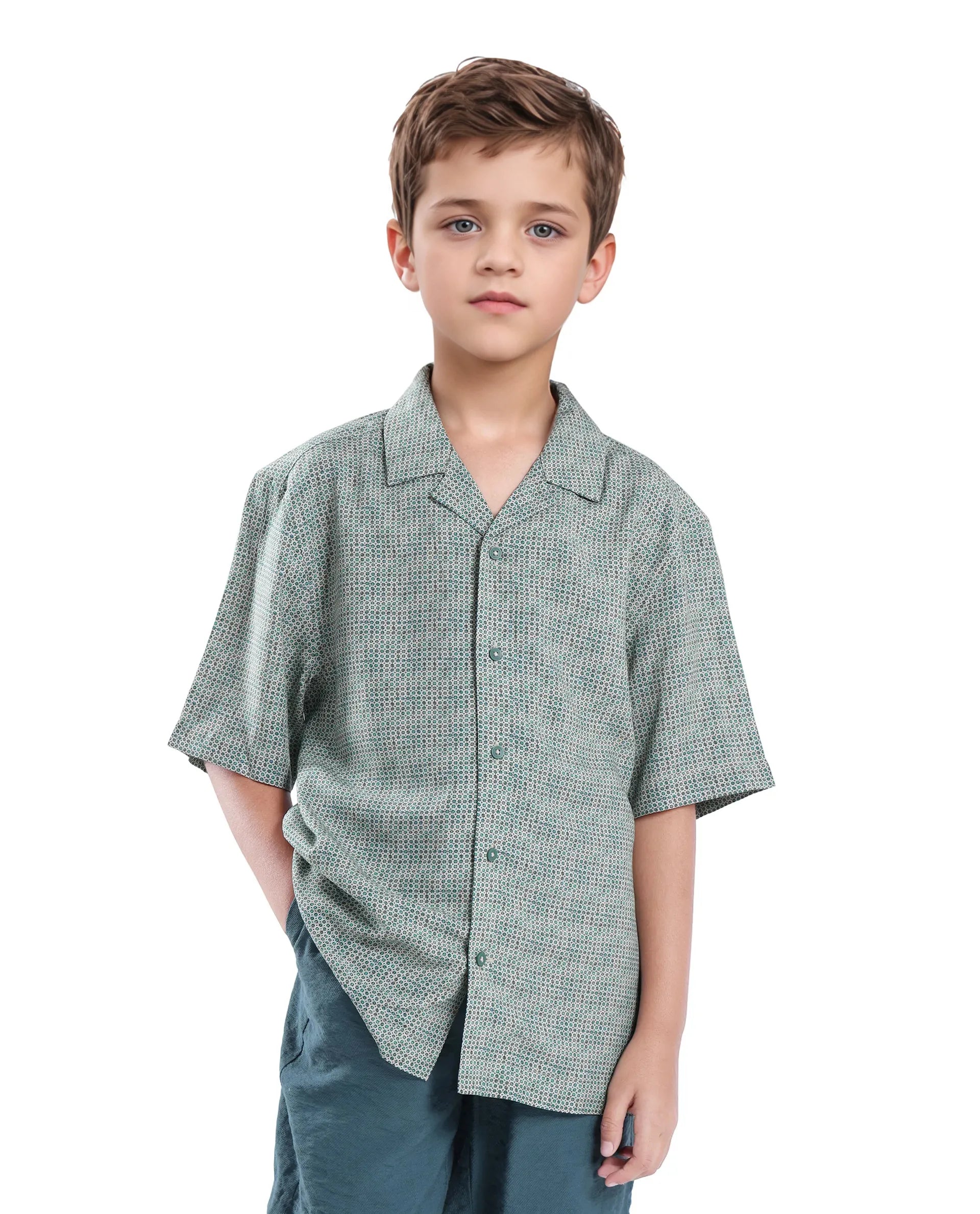 Rare Ones Kids Zyro Green Viscose Rayon Half Sleeve Button Printed Regular Fit Shirt