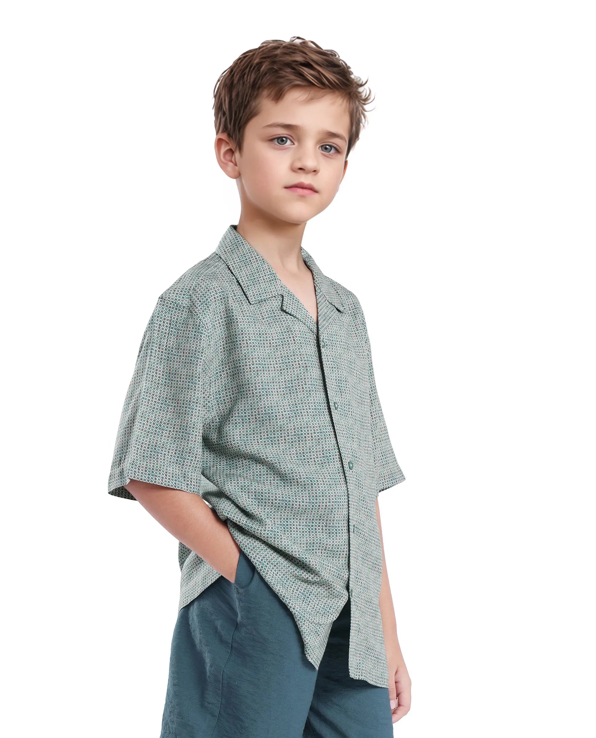 Rare Ones Kids Zyro Green Viscose Rayon Half Sleeve Button Printed Regular Fit Shirt