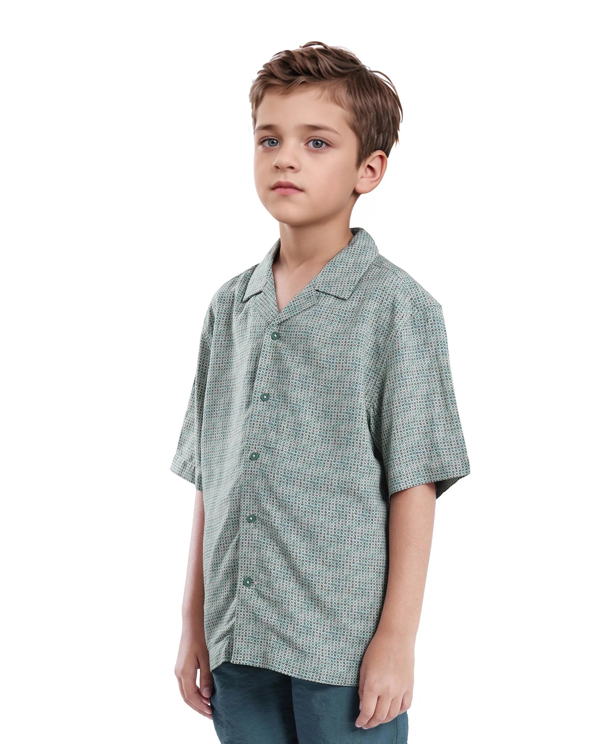 Rare Ones Kids Zyro Green Viscose Rayon Half Sleeve Button Printed Regular Fit Shirt