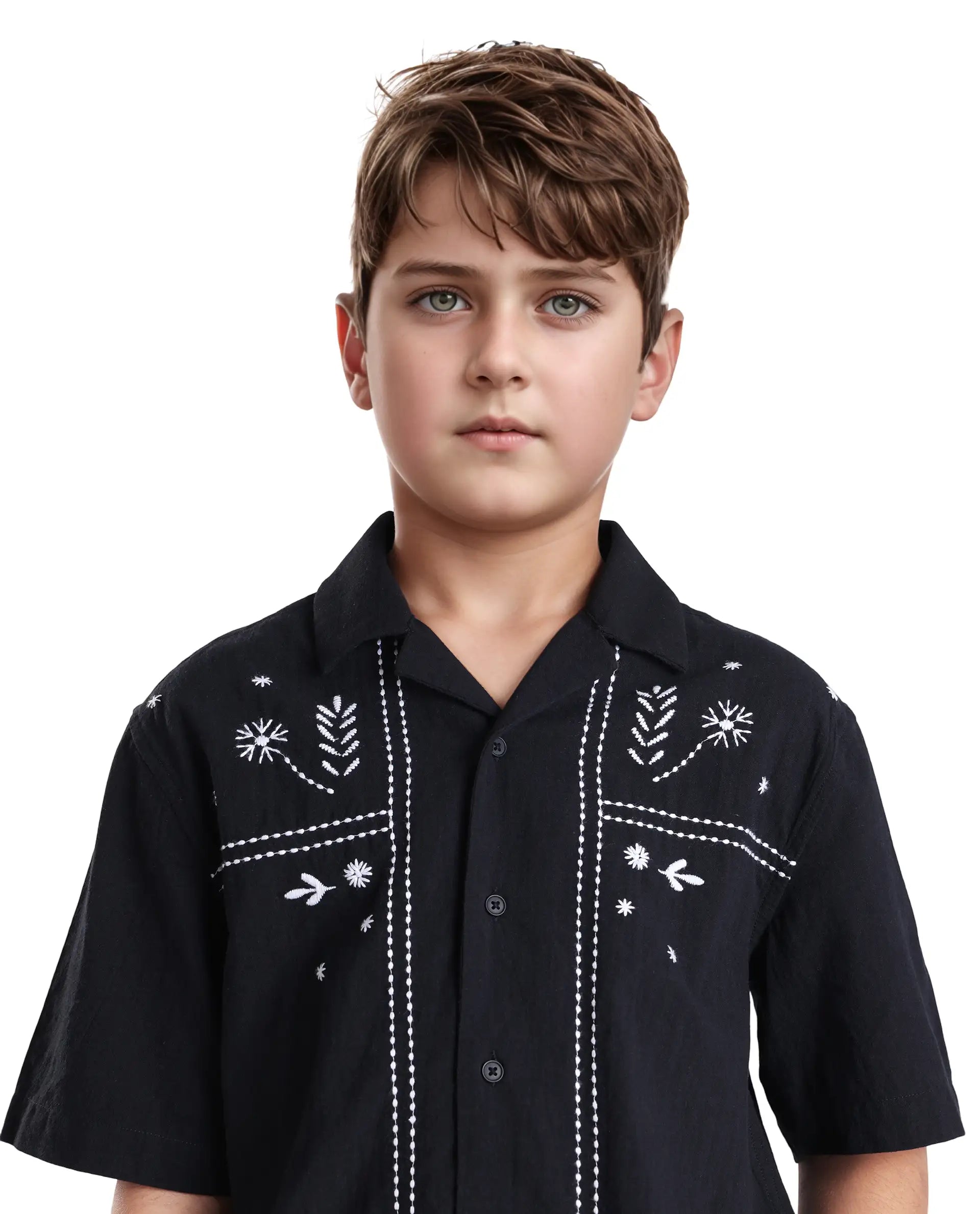 Rare Ones Kids Foke Black Cotton Blend Embroidered Button Closure Regular Fit Shirt