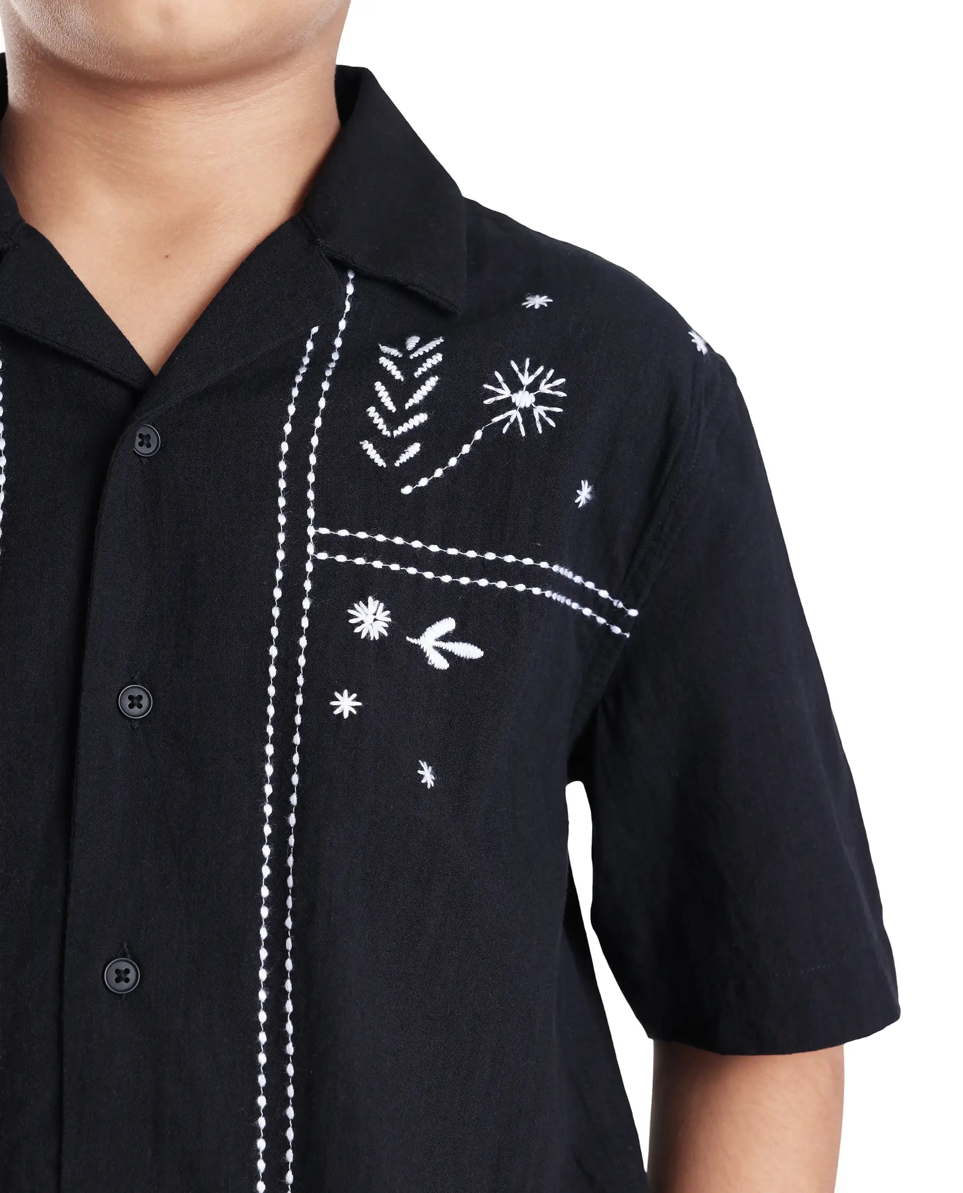 Rare Ones Kids Foke Black Cotton Blend Embroidered Button Closure Regular Fit Shirt