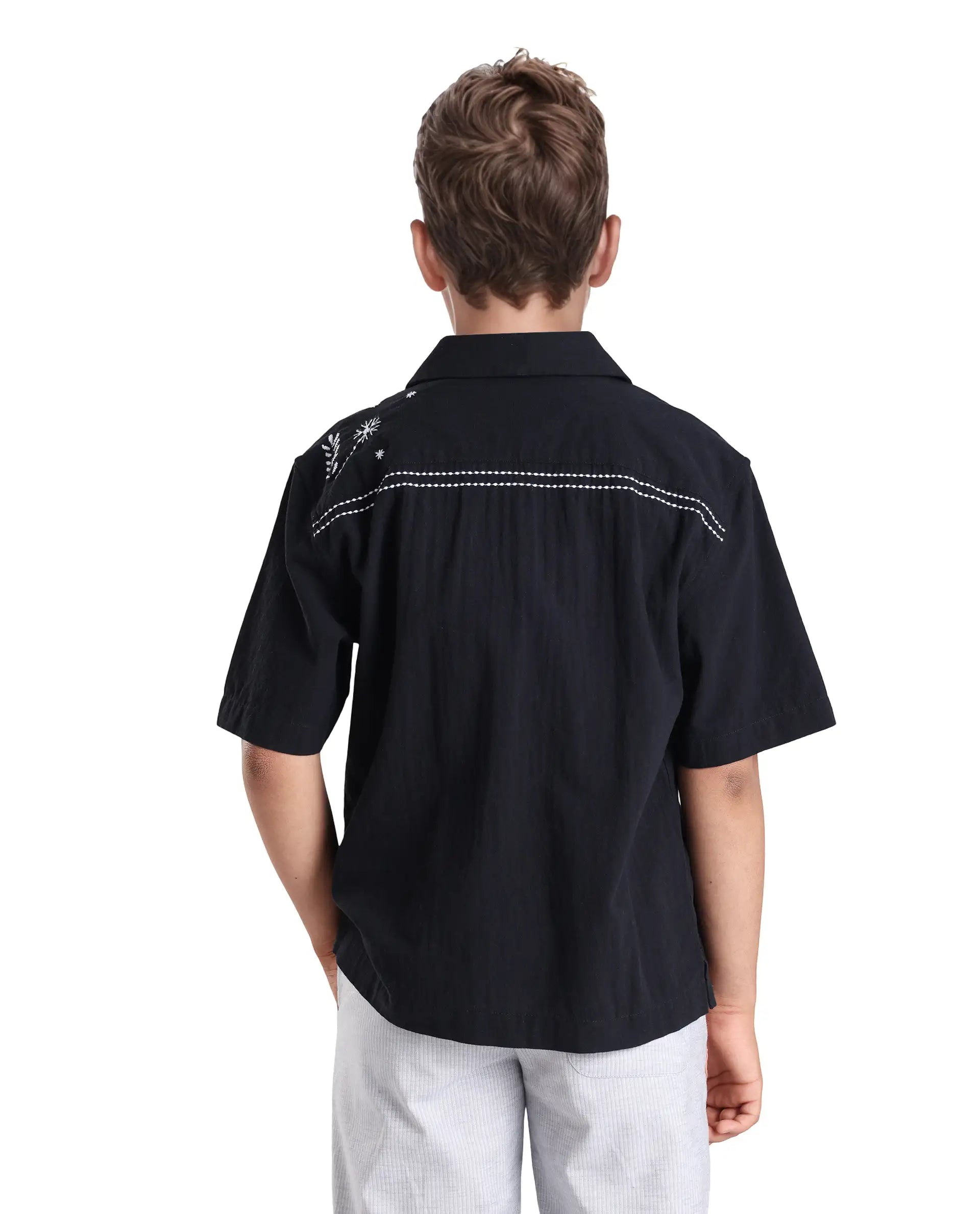 Rare Ones Kids Foke Black Cotton Blend Embroidered Button Closure Regular Fit Shirt